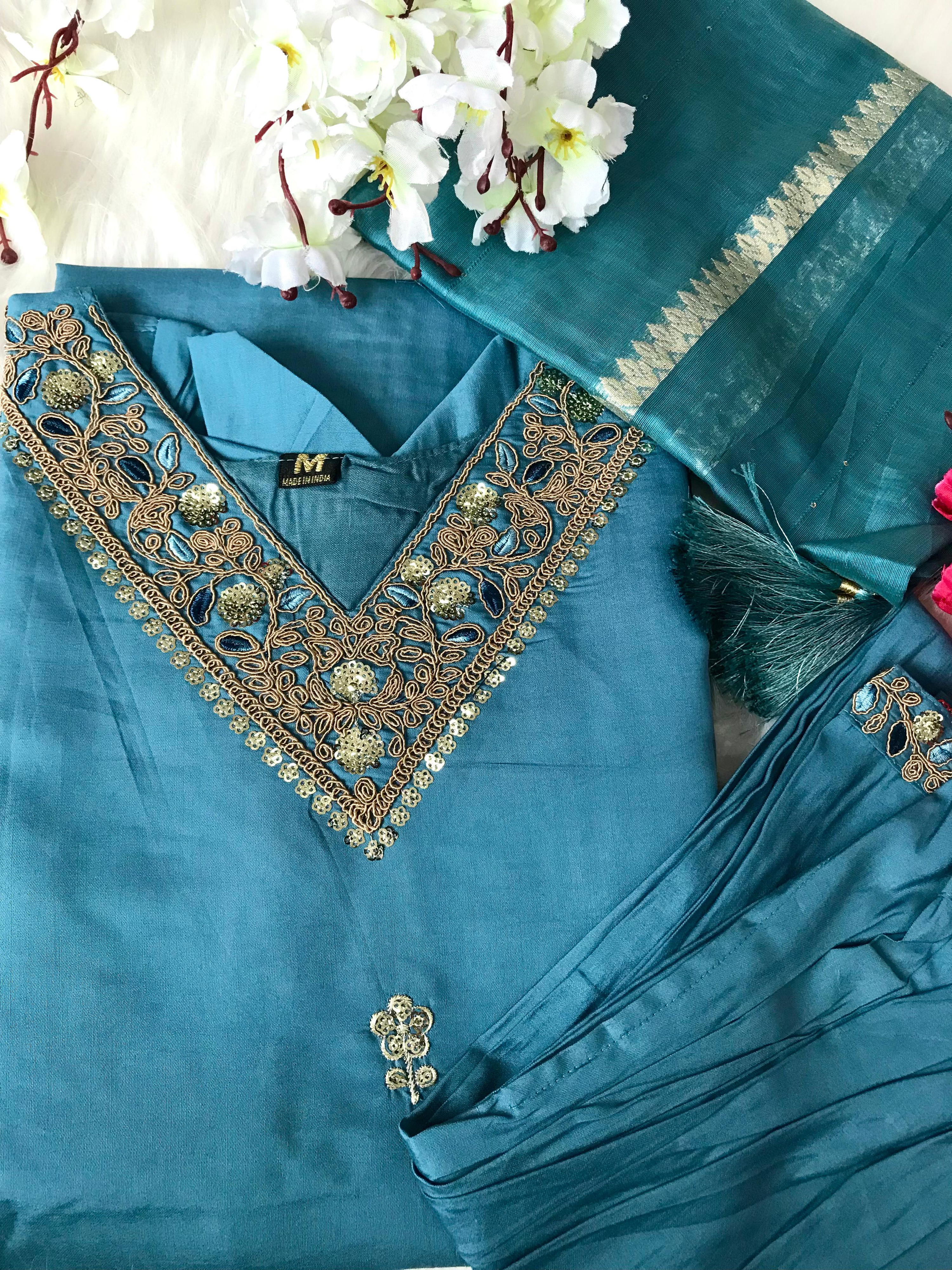 Rama Color Heavy Roman Silk Kurta With Beautiful Embroidery & Pant With Dupatta