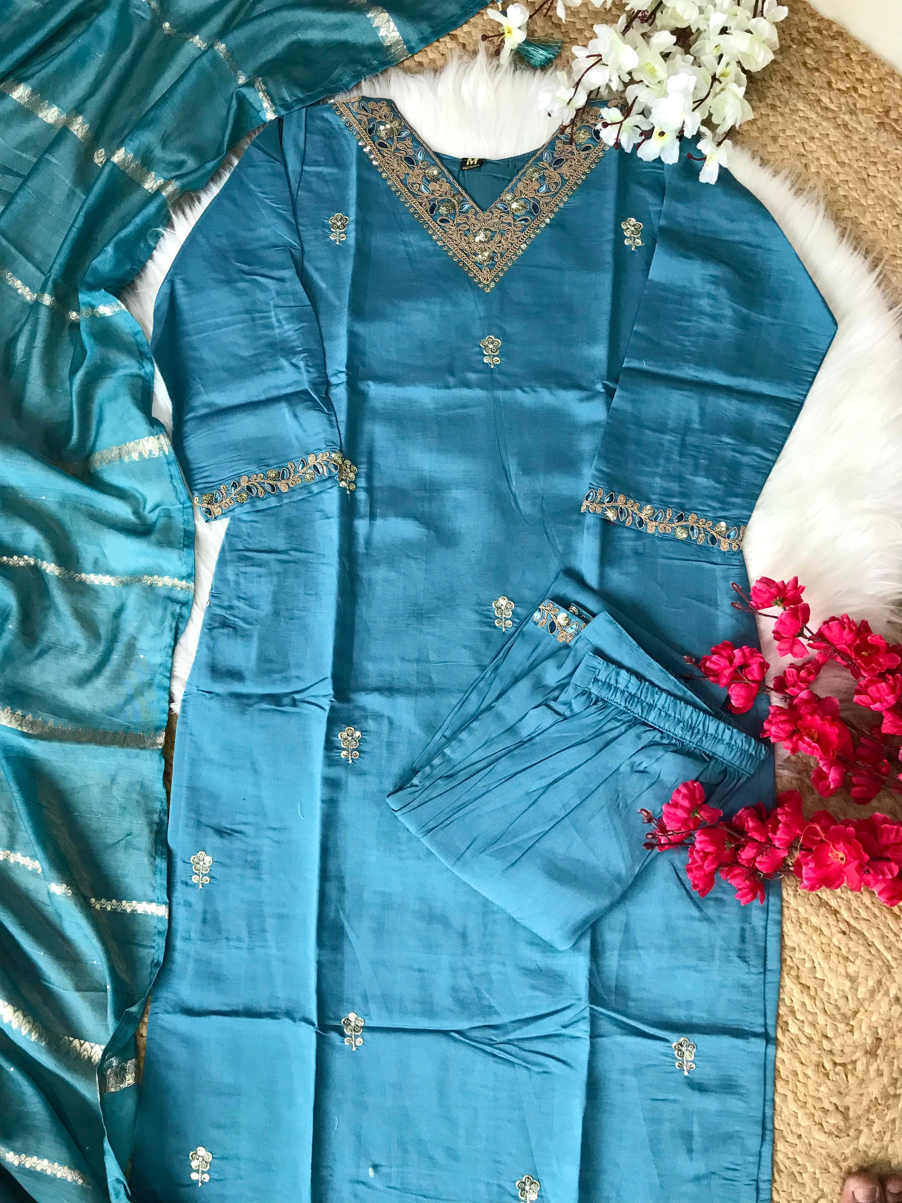 Rama Color Heavy Roman Silk Kurta With Beautiful Embroidery & Pant With Dupatta