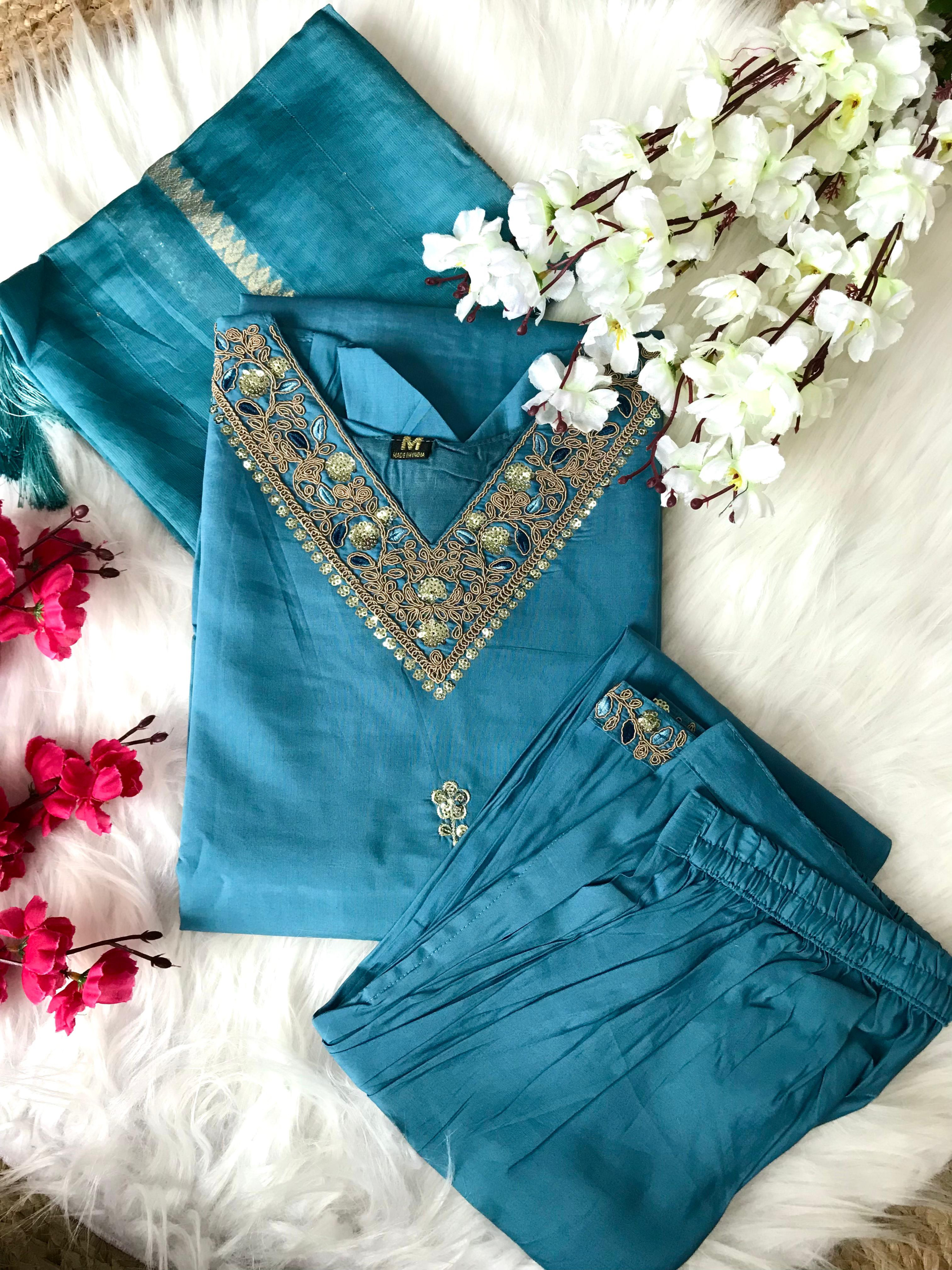 Rama Color Heavy Roman Silk Kurta With Beautiful Embroidery & Pant With Dupatta