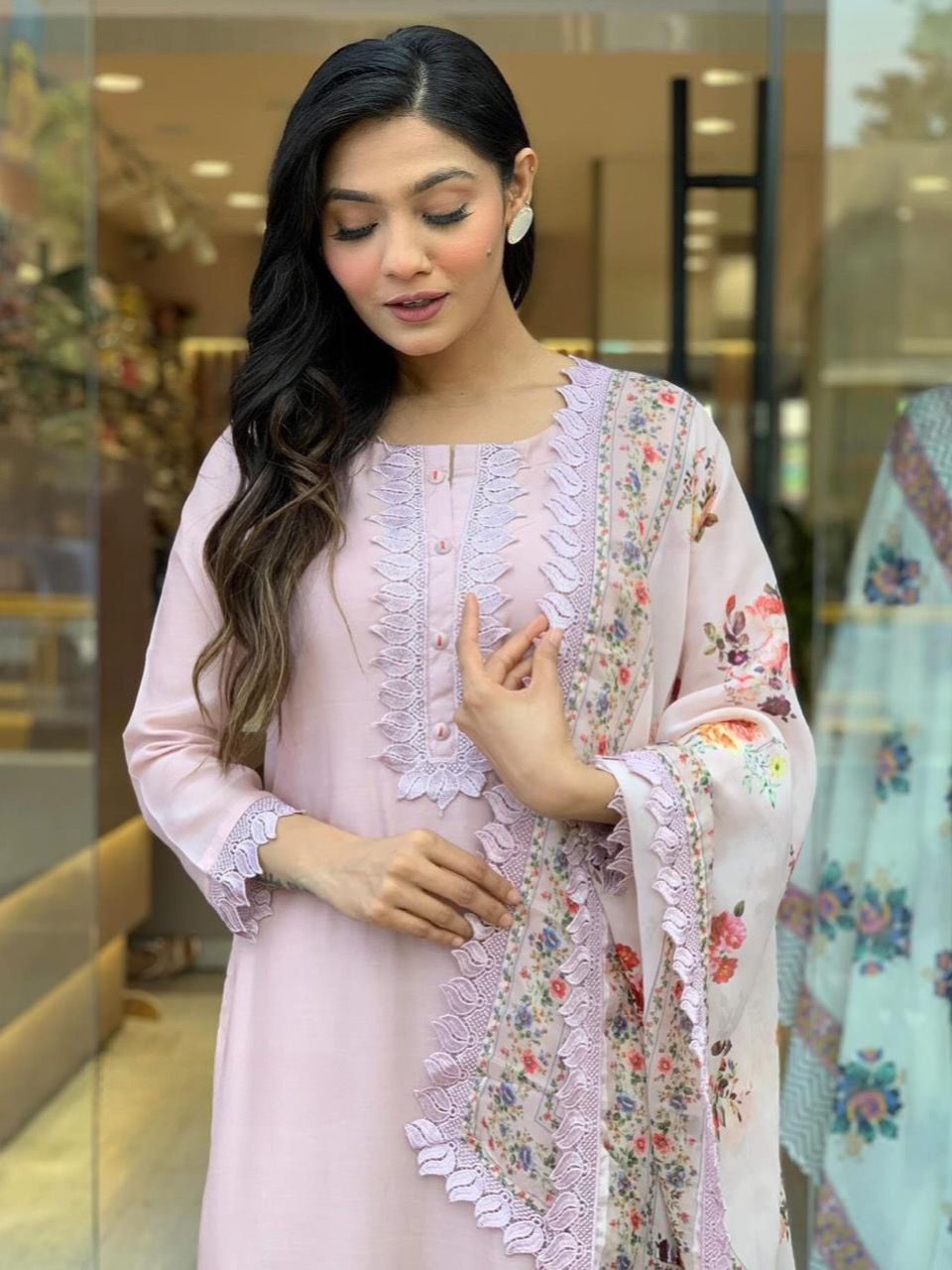 Pink Rose Color Heavy Roman Silk Top Bottom With GPO Lace Work & Chanderi Digital Print Dupatta