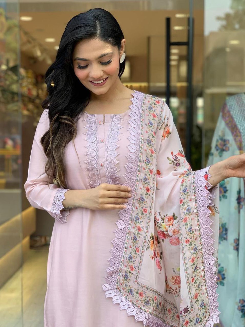 Pink Rose Color Heavy Roman Silk Top Bottom With GPO Lace Work & Chanderi Digital Print Dupatta