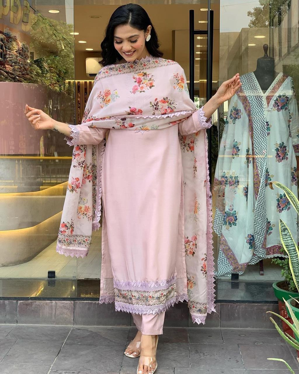 Pink Rose Color Heavy Roman Silk Top Bottom With GPO Lace Work & Chanderi Digital Print Dupatta