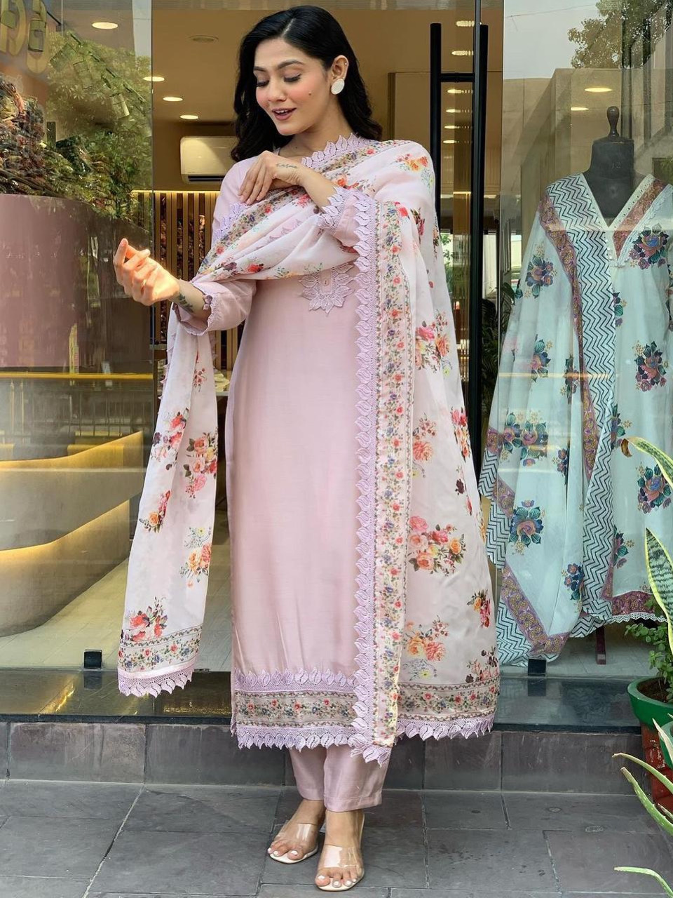 Pink Rose Color Heavy Roman Silk Top Bottom With GPO Lace Work & Chanderi Digital Print Dupatta