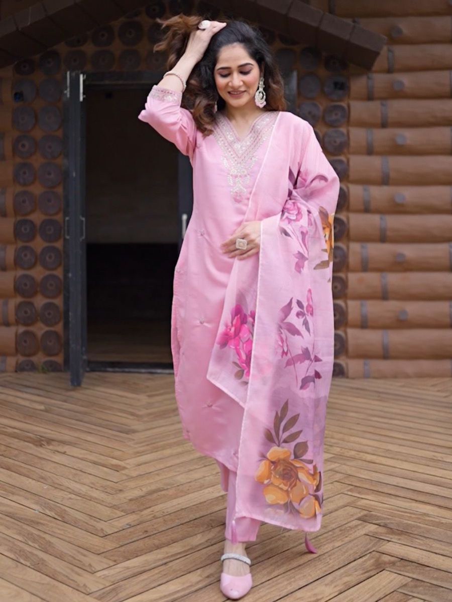 Pink Color Heavy Roman Silk Embroiderd Suit Set With Pant & Chanderi Silk Print Dupatta