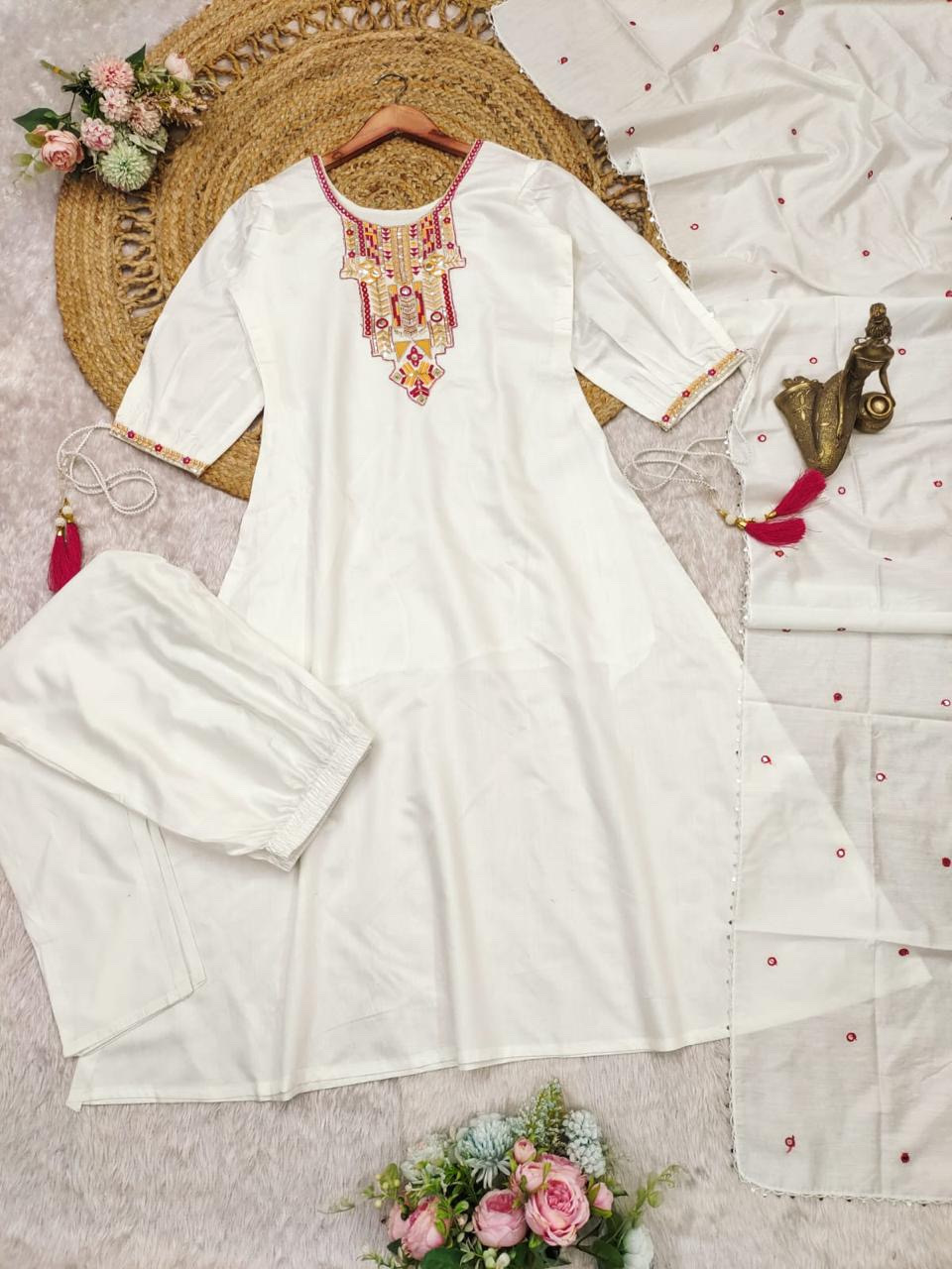 Heavy Premium Chanderi Cotton White Color Kurta Set With Embroidery Work Matching Pant & Dupatta Set