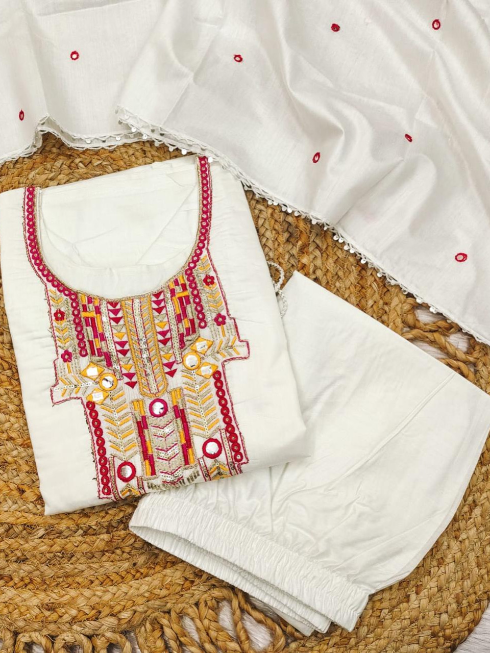 Heavy Premium Chanderi Cotton White Color Kurta Set With Embroidery Work Matching Pant & Dupatta Set