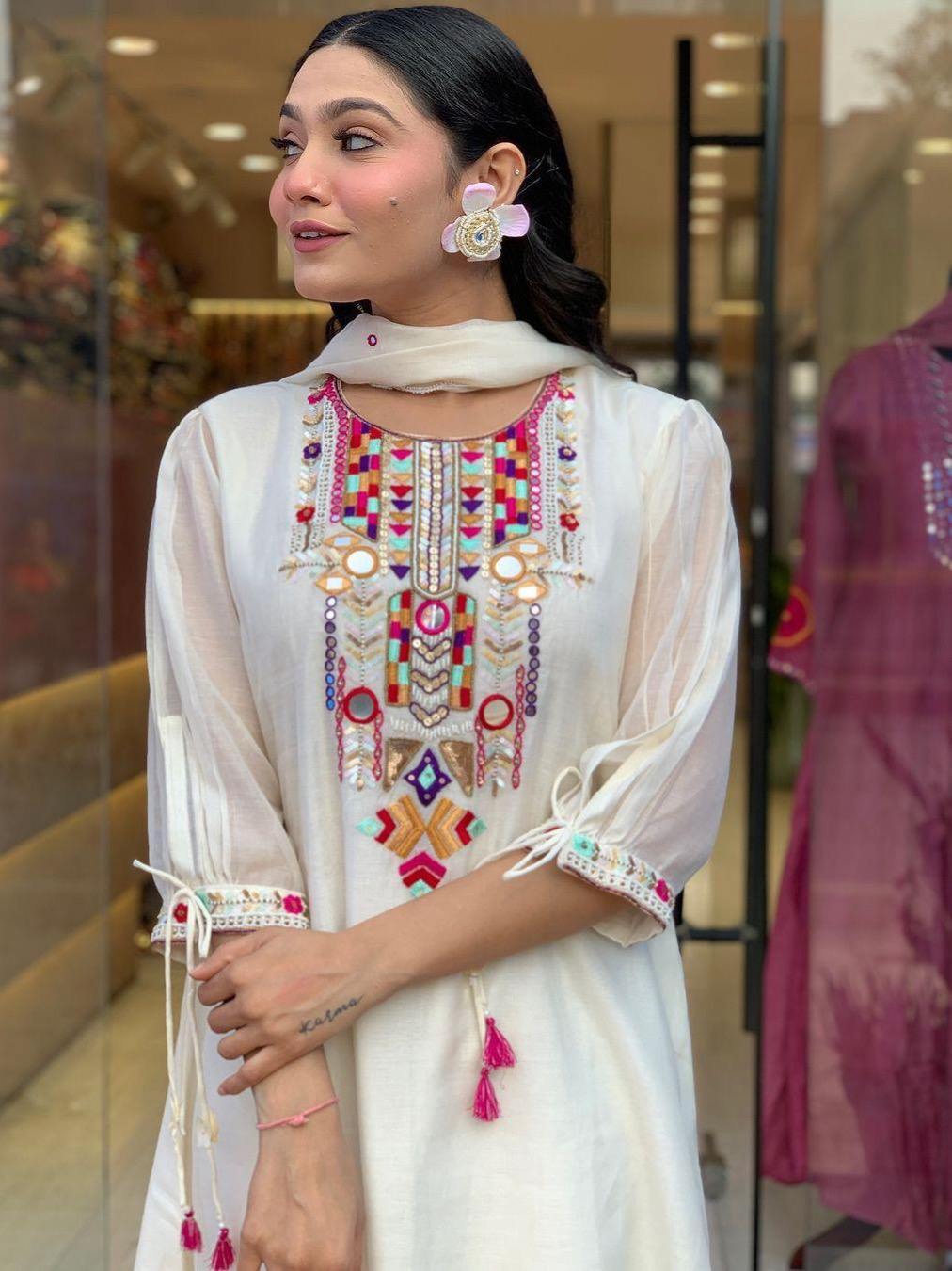 Heavy Premium Chanderi Cotton White Color Kurta Set With Embroidery Work Matching Pant & Dupatta Set