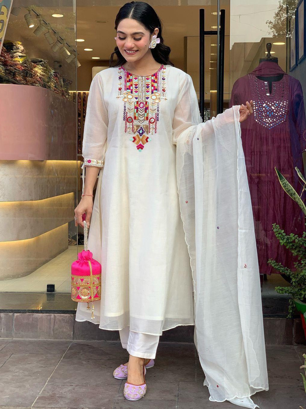 Heavy Premium Chanderi Cotton White Color Kurta Set With Embroidery Work Matching Pant & Dupatta Set