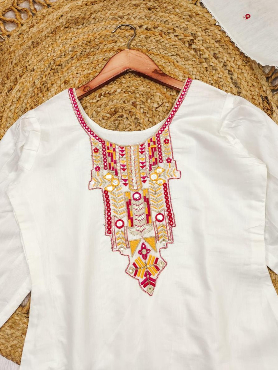 Heavy Premium Chanderi Cotton White Color Kurta Set With Embroidery Work Matching Pant & Dupatta Set