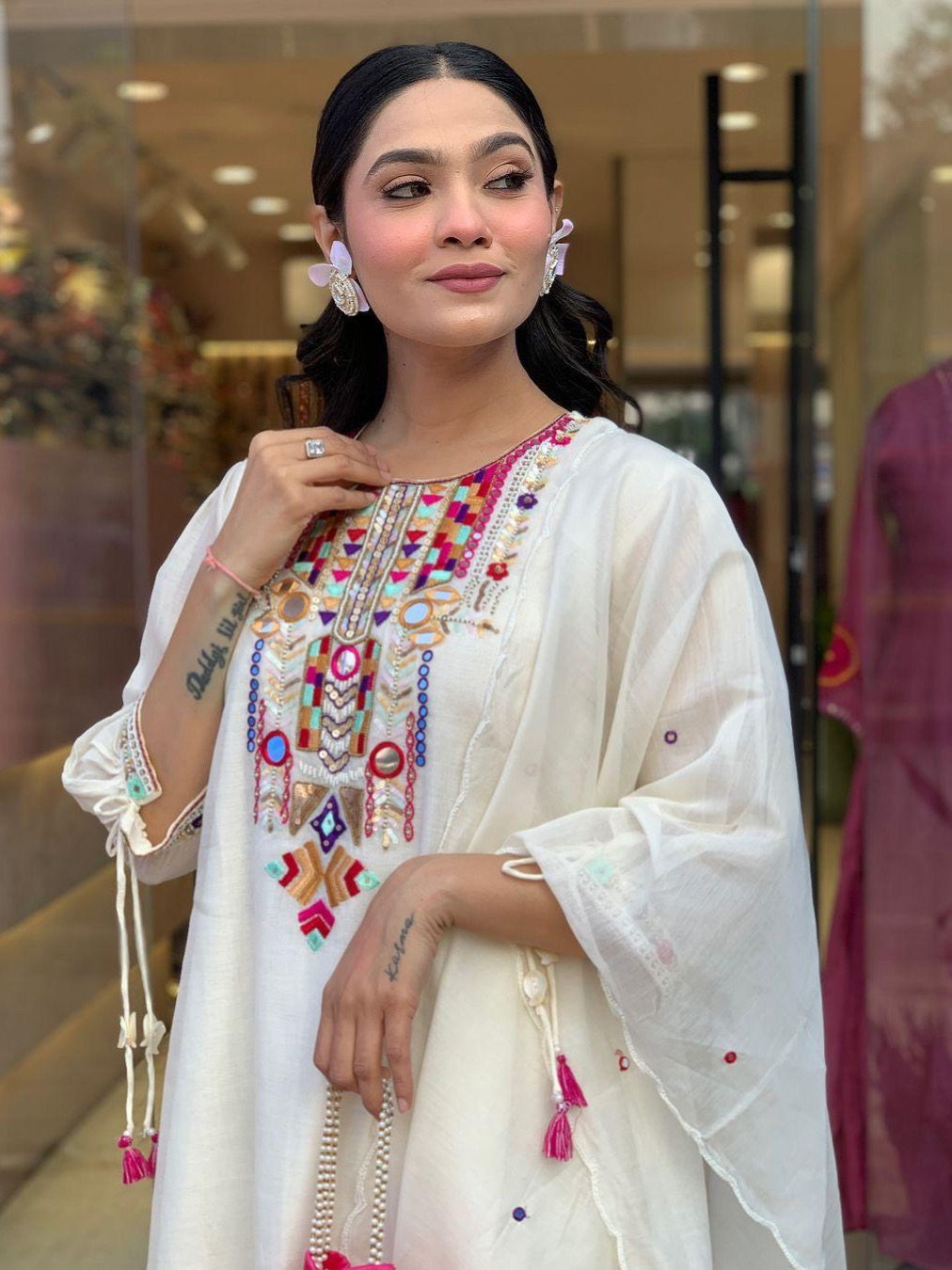 Heavy Premium Chanderi Cotton White Color Kurta Set With Embroidery Work Matching Pant & Dupatta Set