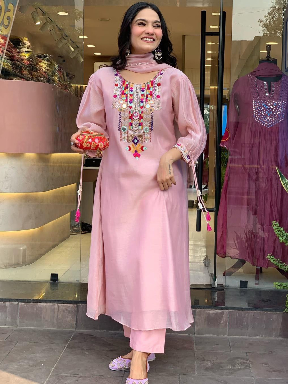 Heavy Premium Chanderi Cotton Peach Pink Color Kurta Set With Embroidery Work Matching Pant & Dupatta Set