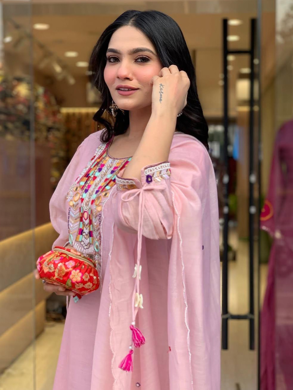 Heavy Premium Chanderi Cotton Peach Pink Color Kurta Set With Embroidery Work Matching Pant & Dupatta Set