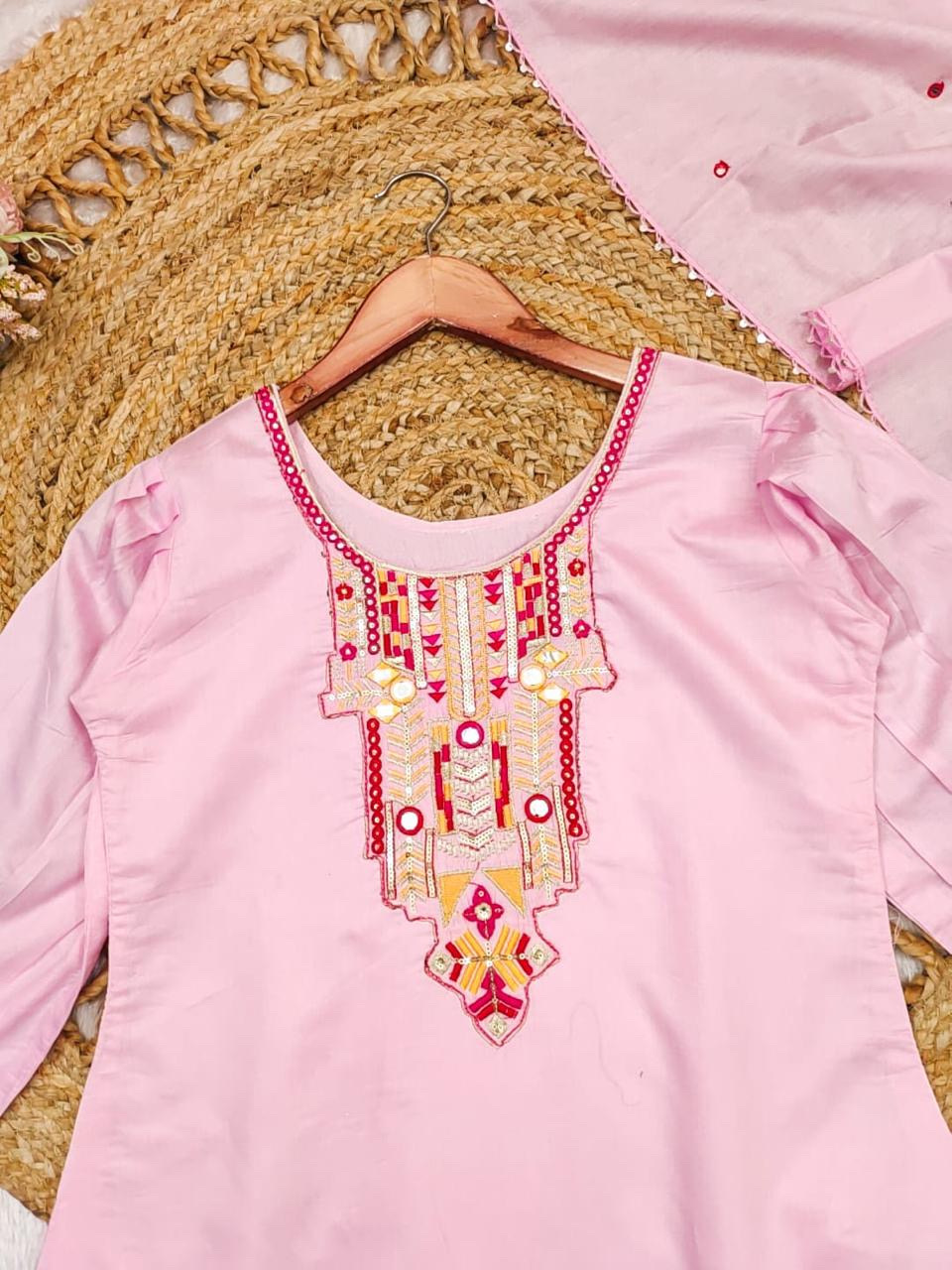 Heavy Premium Chanderi Cotton Peach Pink Color Kurta Set With Embroidery Work Matching Pant & Dupatta Set