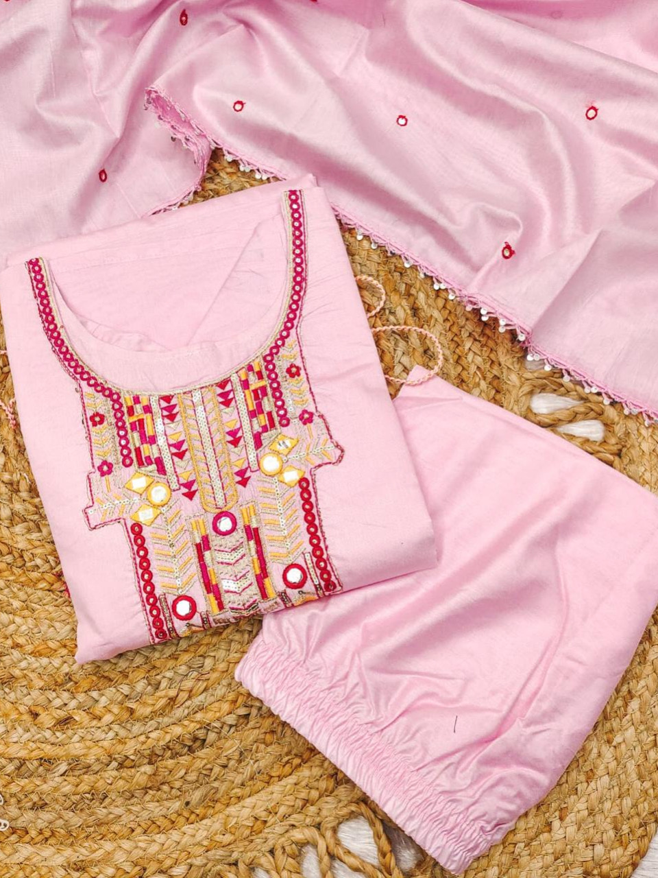 Heavy Premium Chanderi Cotton Peach Pink Color Kurta Set With Embroidery Work Matching Pant & Dupatta Set