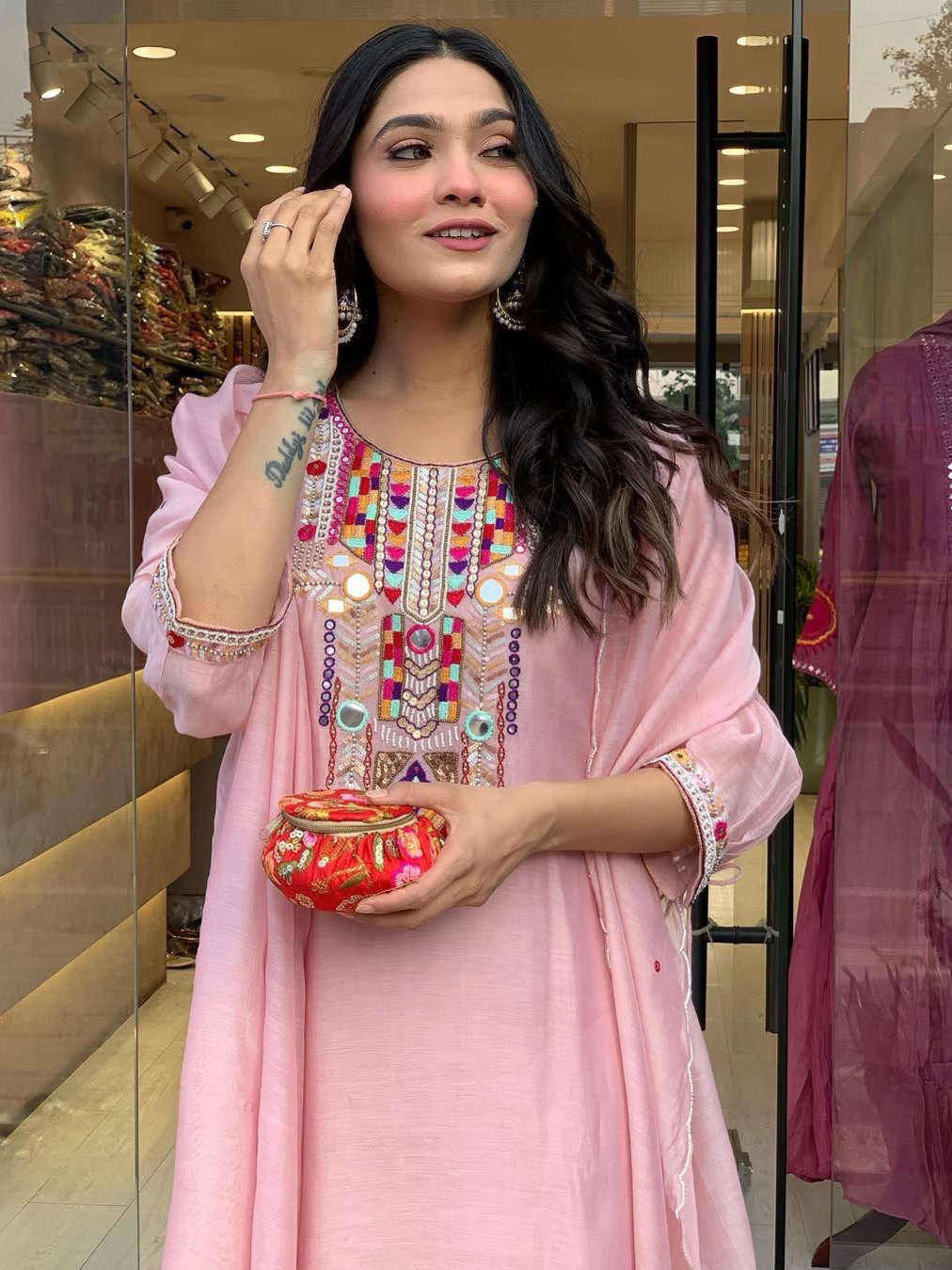 Heavy Premium Chanderi Cotton Peach Pink Color Kurta Set With Embroidery Work Matching Pant & Dupatta Set