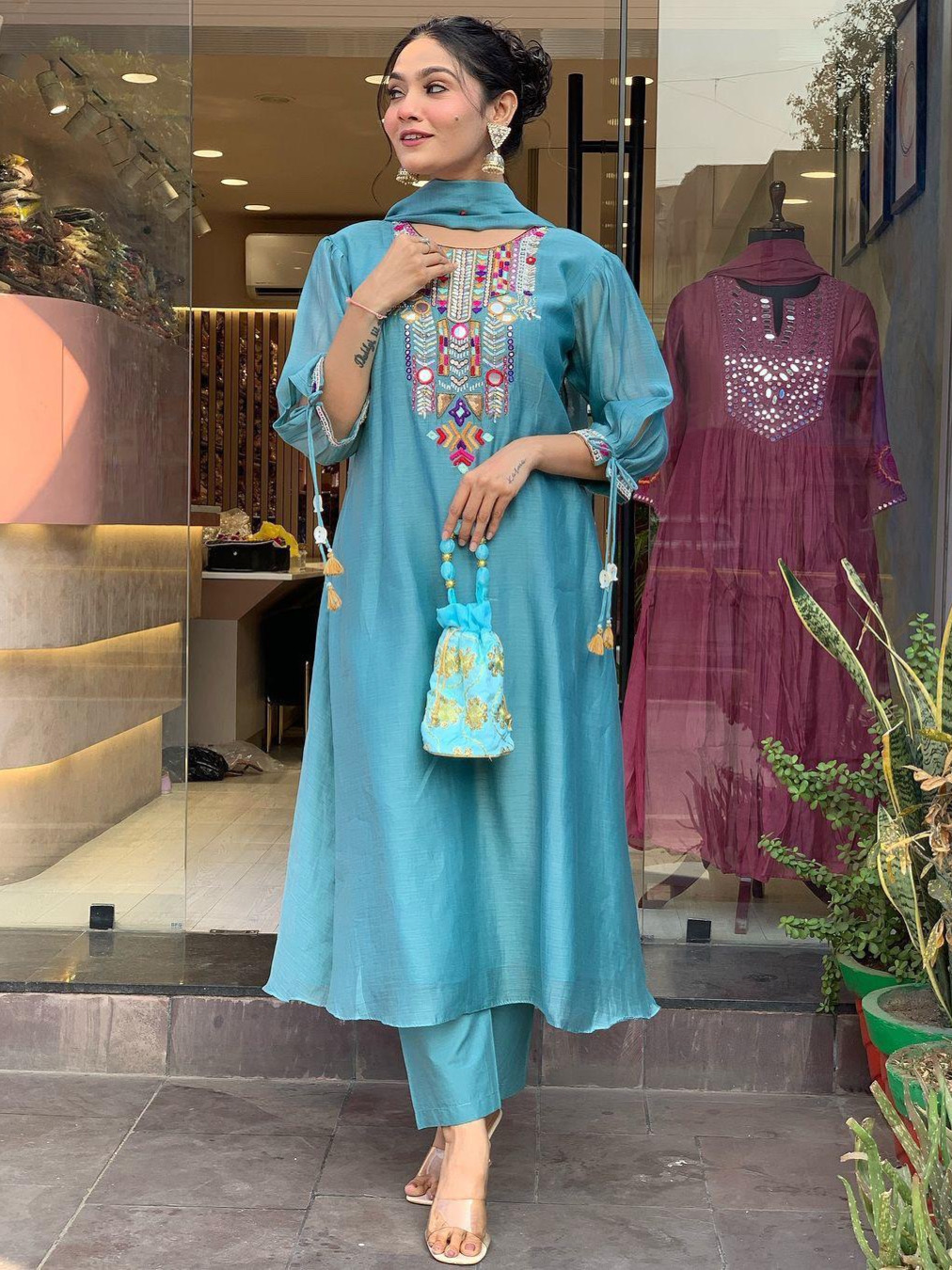 Heavy Premium Chanderi Cotton Blue Color Kurta Set With Embroidery Work Matching Pant & Dupatta Set