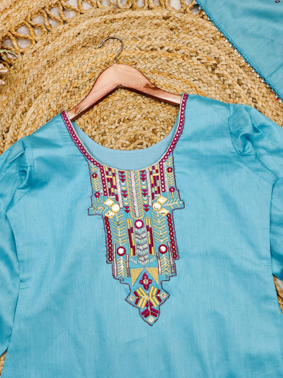 Heavy Premium Chanderi Cotton Blue Color Kurta Set With Embroidery Work Matching Pant & Dupatta Set