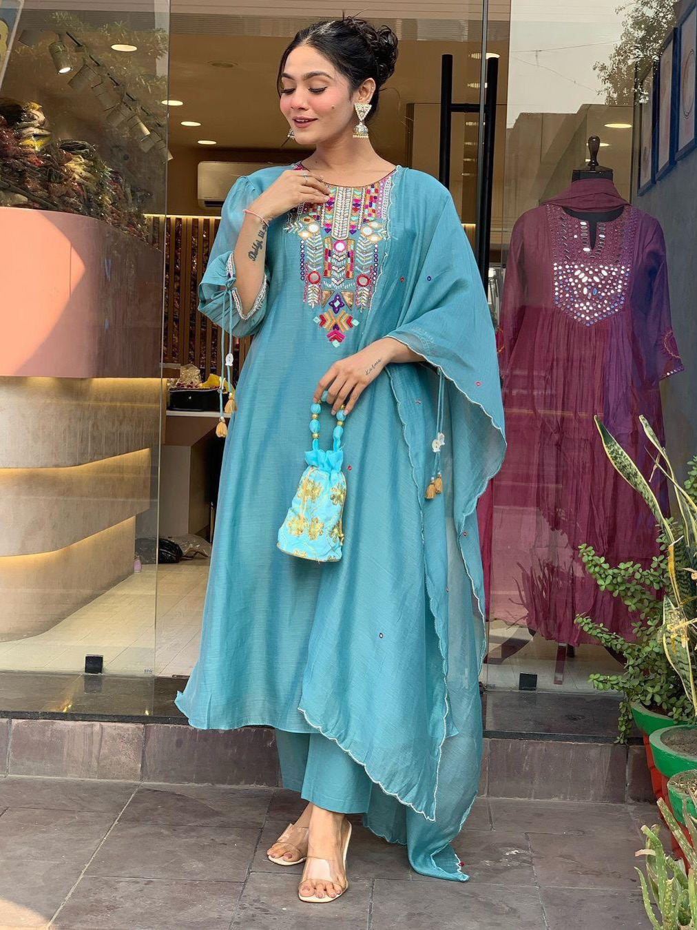 Heavy Premium Chanderi Cotton Blue Color Kurta Set With Embroidery Work Matching Pant & Dupatta Set