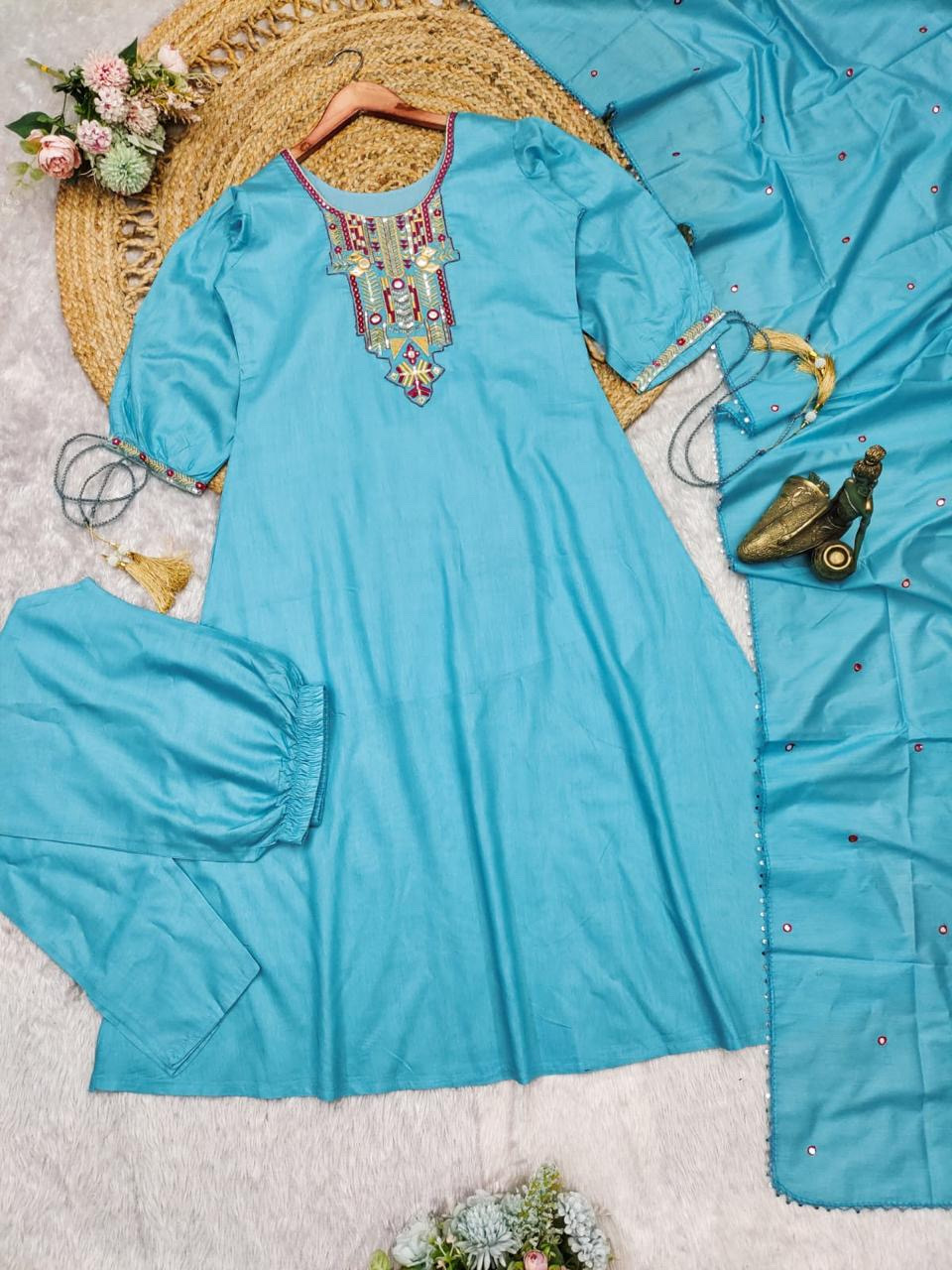 Heavy Premium Chanderi Cotton Blue Color Kurta Set With Embroidery Work Matching Pant & Dupatta Set