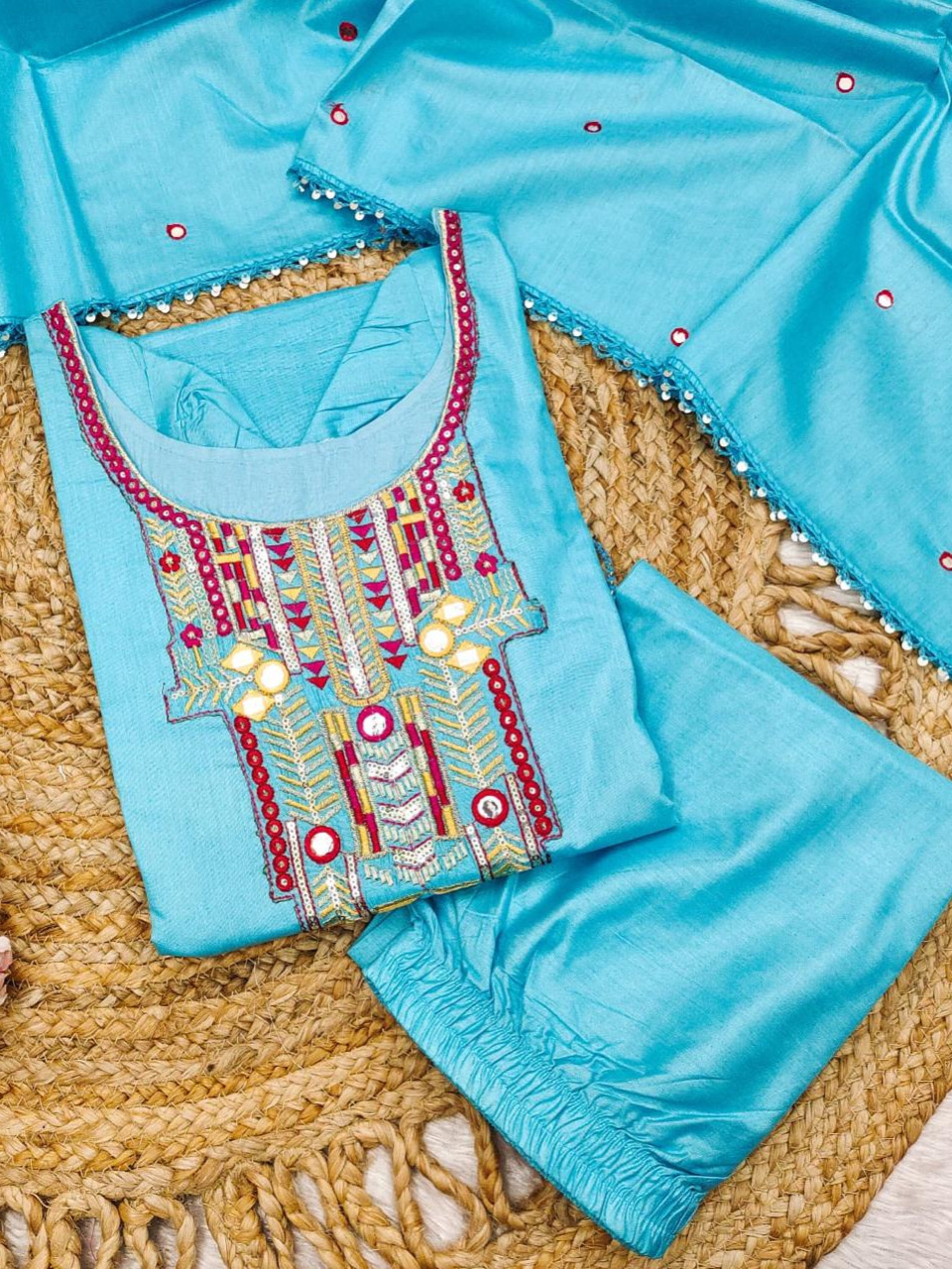 Heavy Premium Chanderi Cotton Blue Color Kurta Set With Embroidery Work Matching Pant & Dupatta Set