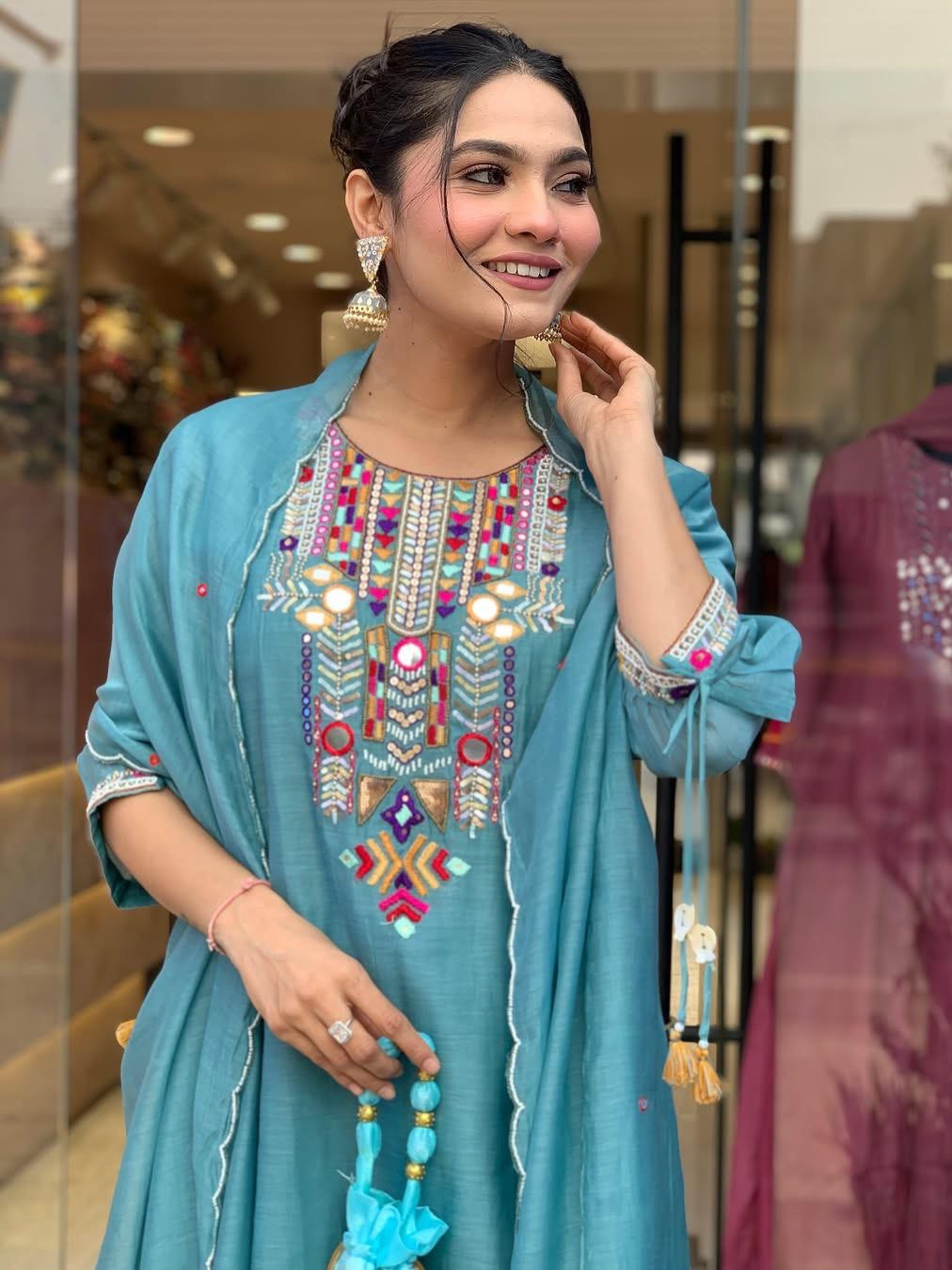 Heavy Premium Chanderi Cotton Blue Color Kurta Set With Embroidery Work Matching Pant & Dupatta Set