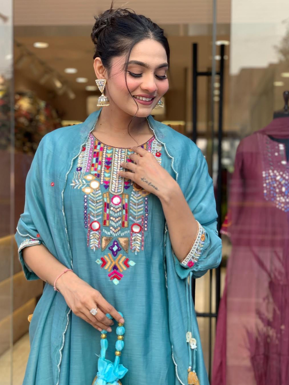 Heavy Premium Chanderi Cotton Blue Color Kurta Set With Embroidery Work Matching Pant & Dupatta Set