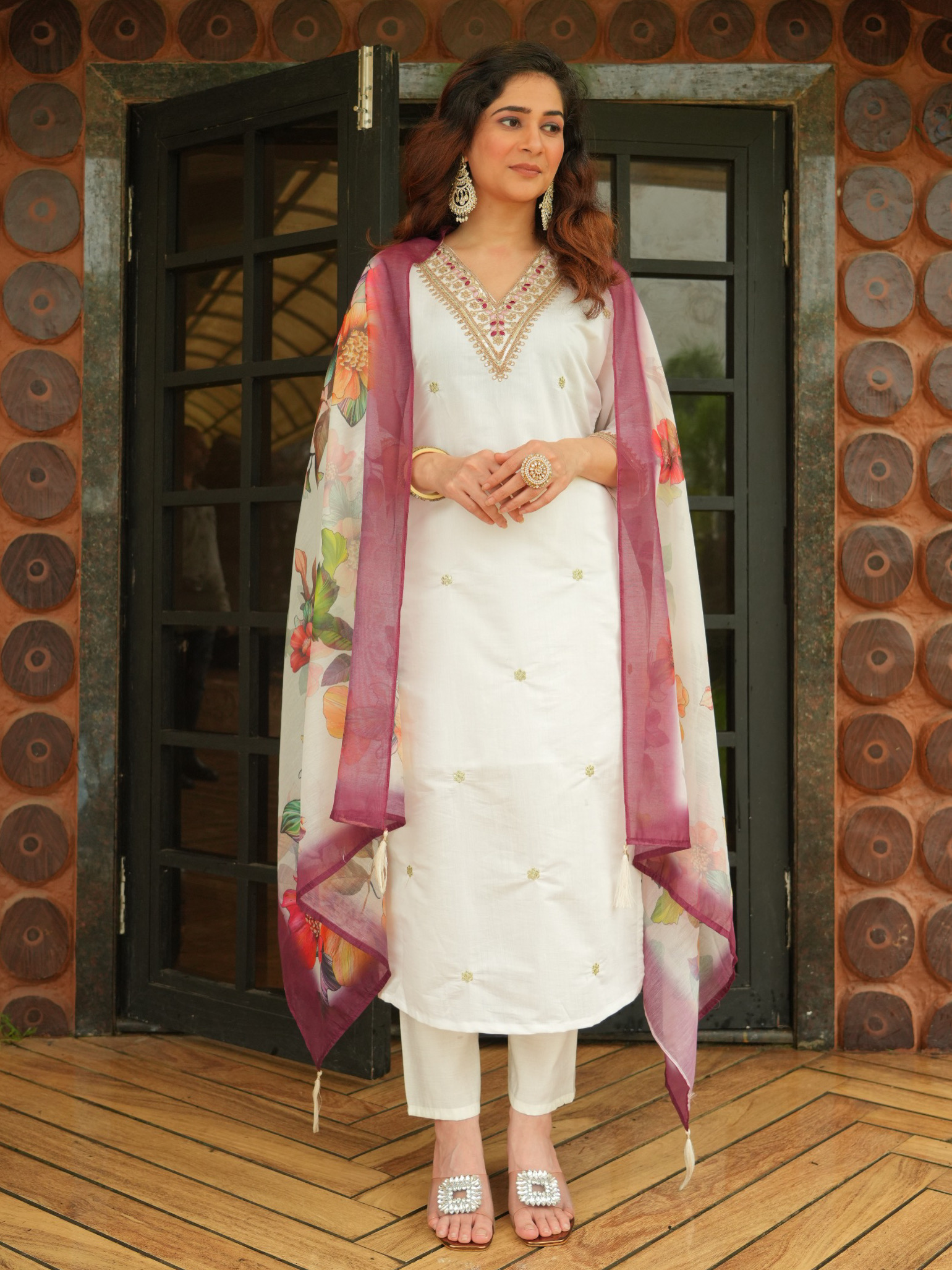 White Color Heavy Roman Silk With Embroidered Matching Pant & Chanderi Silk Dupatta Digital Print