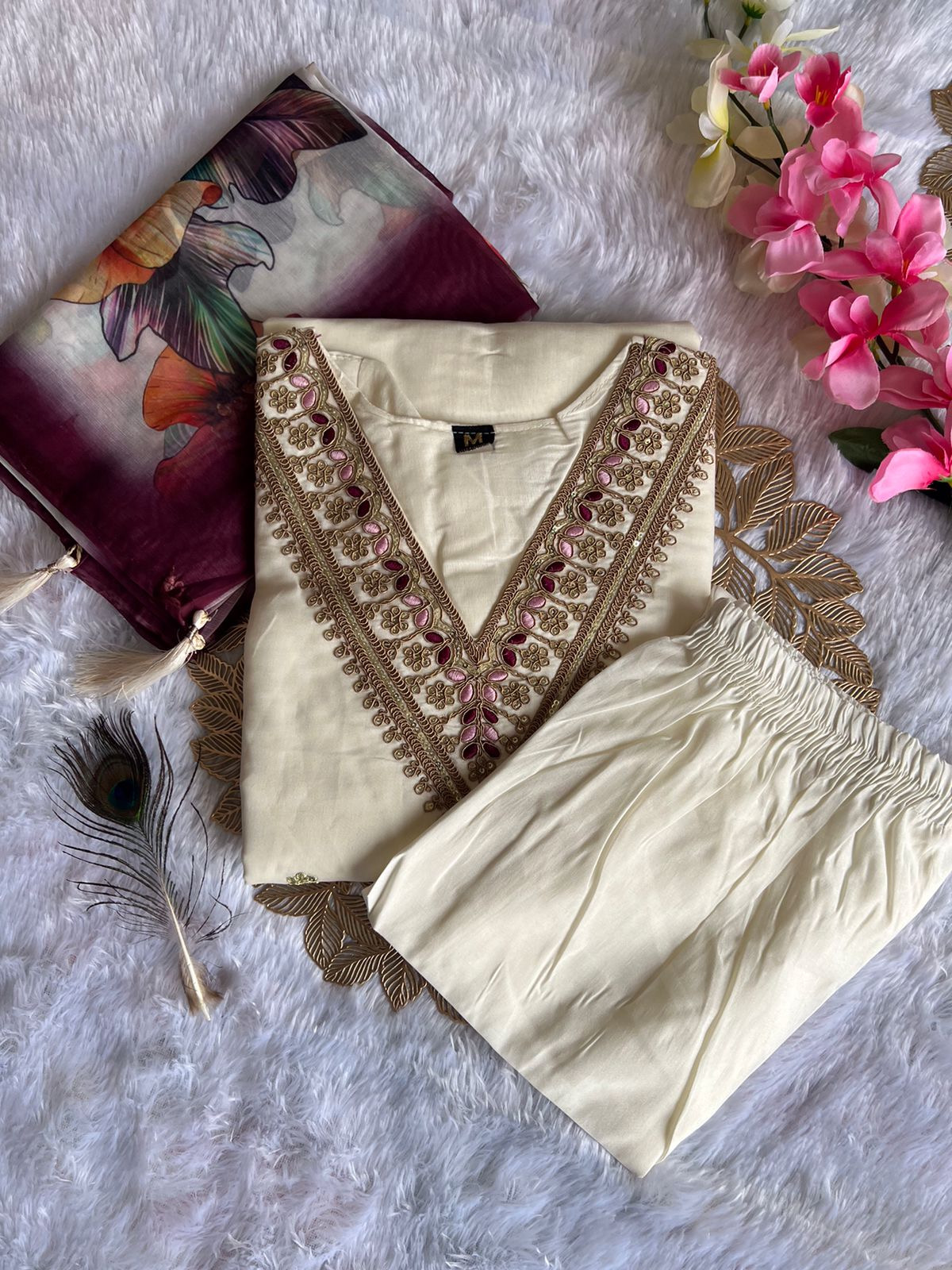 White Color Heavy Roman Silk With Embroidered Matching Pant & Chanderi Silk Dupatta Digital Print