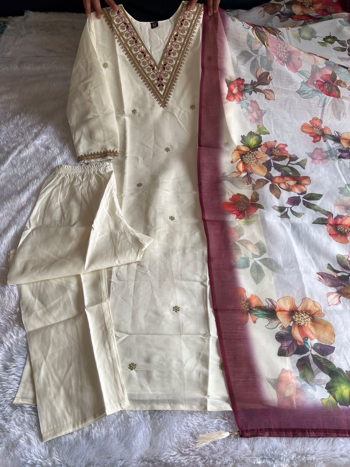 White Color Heavy Roman Silk With Embroidered Matching Pant & Chanderi Silk Dupatta Digital Print