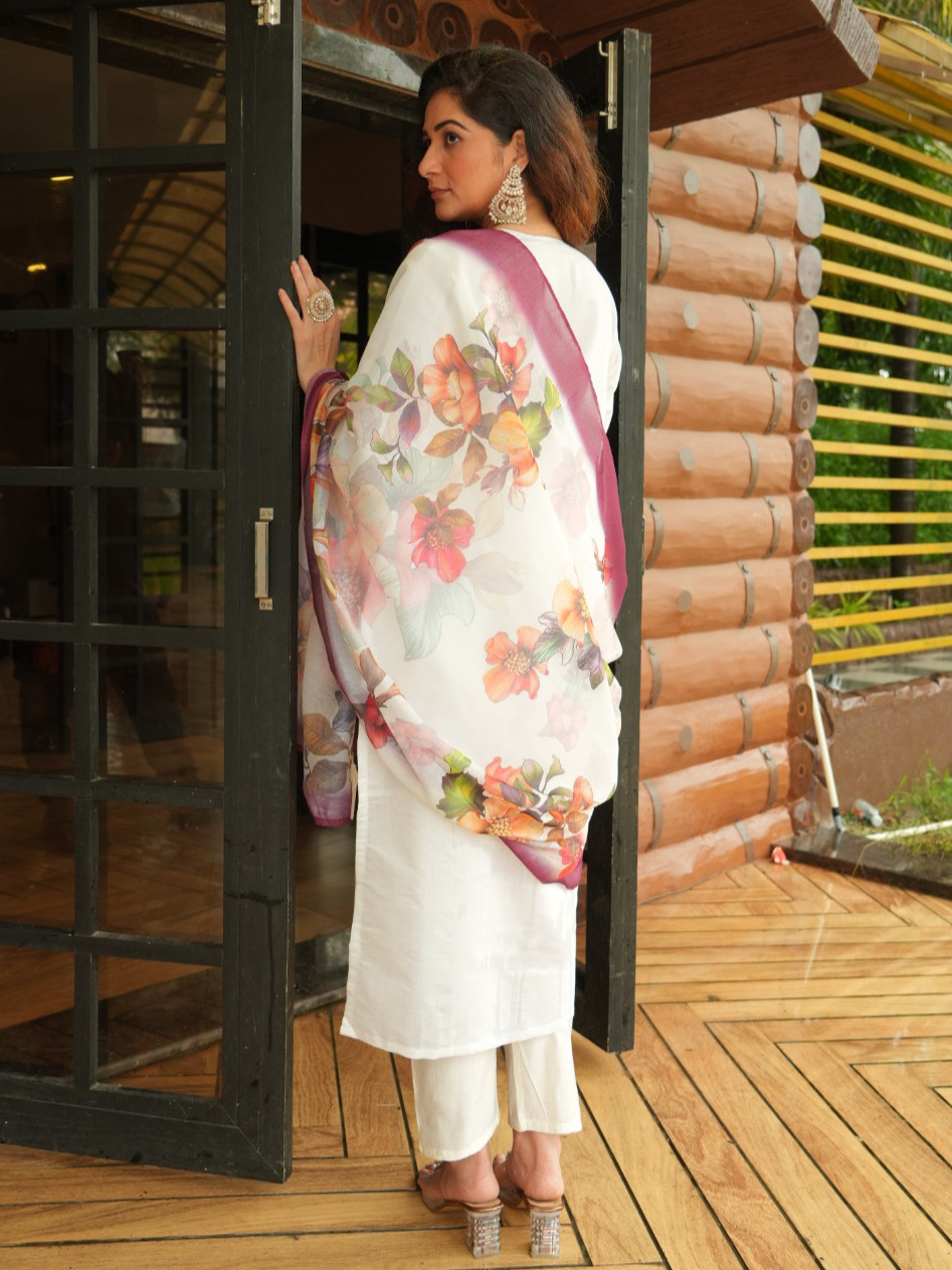 White Color Heavy Roman Silk With Embroidered Matching Pant & Chanderi Silk Dupatta Digital Print