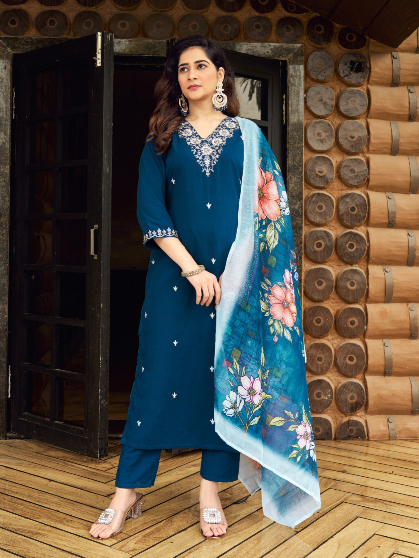 Rama Color Heavy Premium Roman Silk With Embroidered Work Matching Pant & Dupatta Chanderi Silk Digital Print