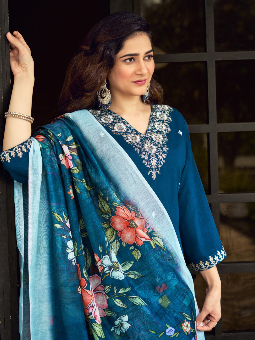 Rama Color Heavy Premium Roman Silk With Embroidered Work Matching Pant & Dupatta Chanderi Silk Digital Print