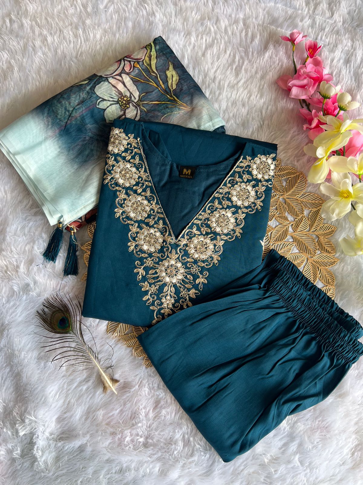Rama Color Heavy Premium Roman Silk With Embroidered Work Matching Pant & Dupatta Chanderi Silk Digital Print