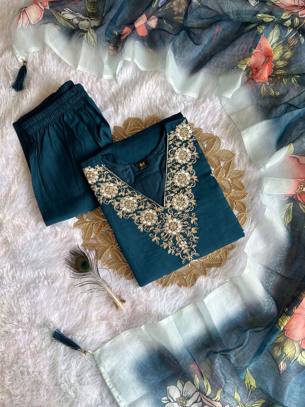 Rama Color Heavy Premium Roman Silk With Embroidered Work Matching Pant & Dupatta Chanderi Silk Digital Print