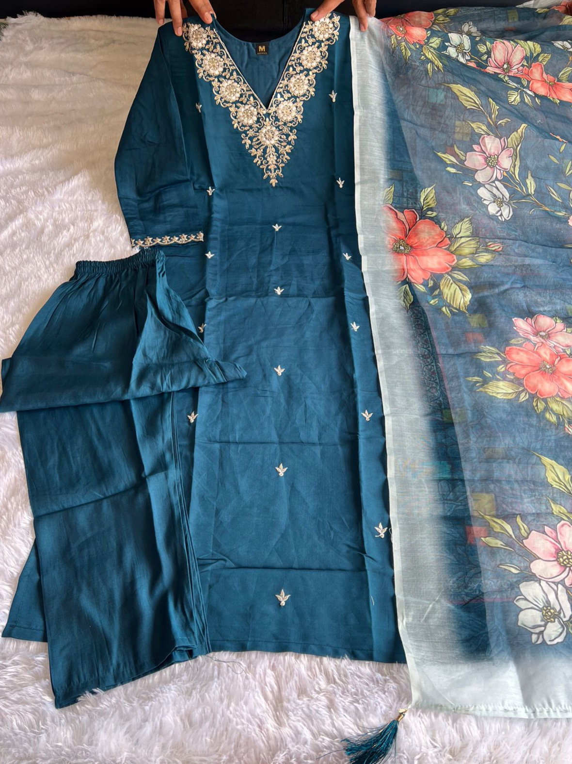 Rama Color Heavy Premium Roman Silk With Embroidered Work Matching Pant & Dupatta Chanderi Silk Digital Print