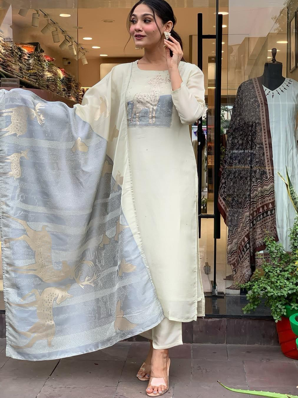 Off-White Color Heavy Premium Roman Silk Suit Set With Pant & Jacquard Weaving Dupatta