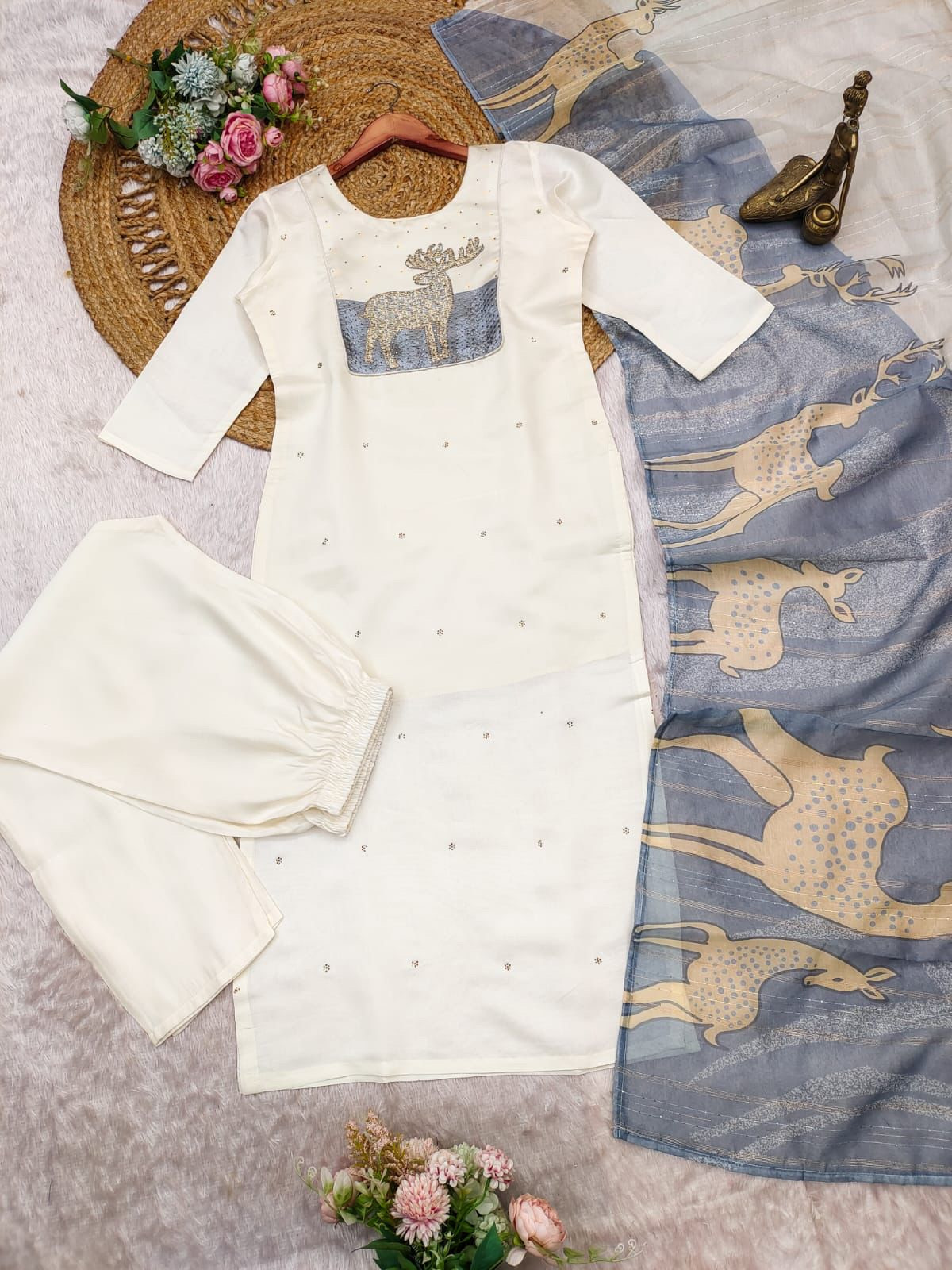Off-White Color Heavy Premium Roman Silk Suit Set With Pant & Jacquard Weaving Dupatta