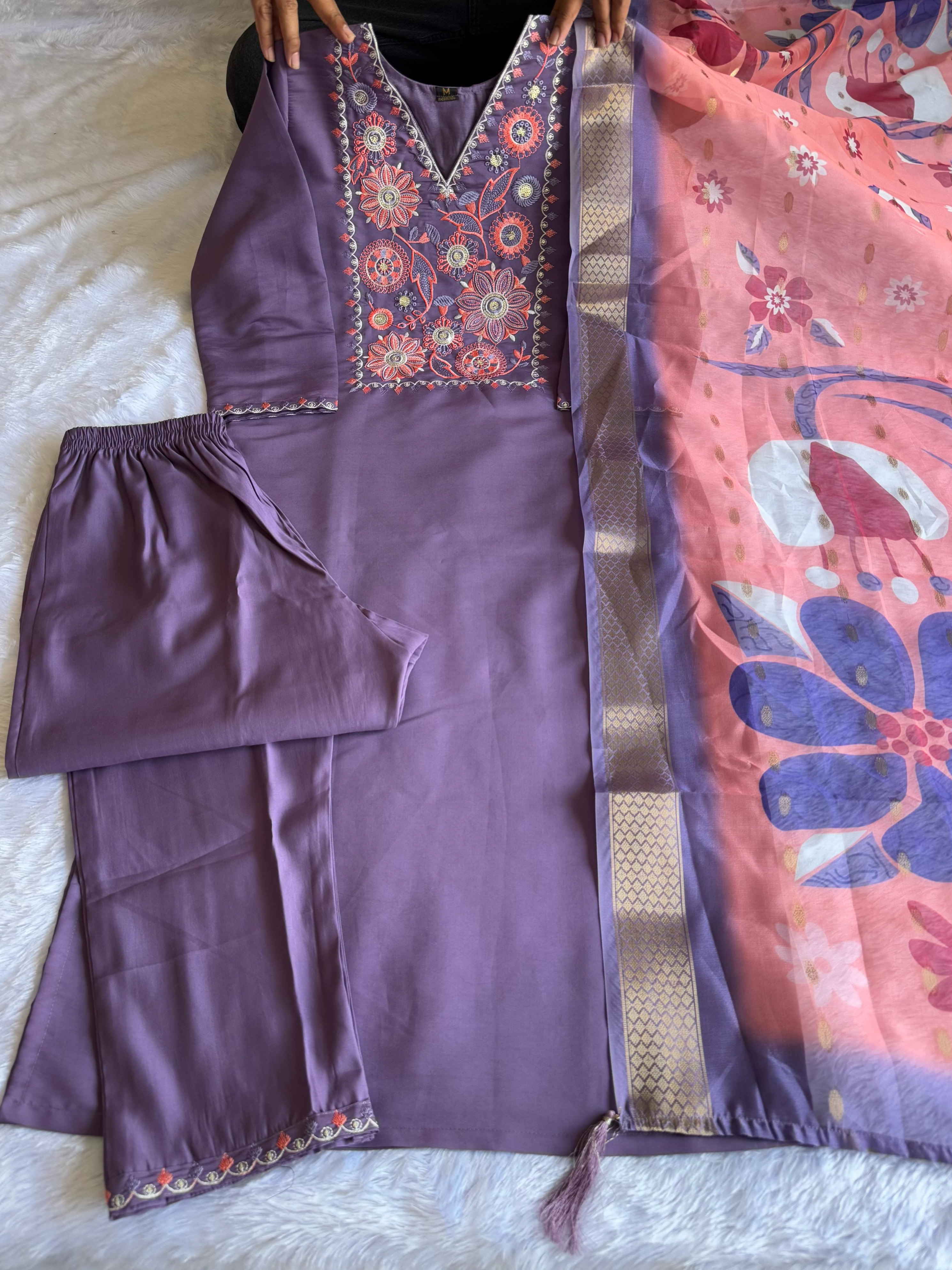Light Violet Color Heavy Roman Silk Embroidery Kurta Set With Pant & Organza Jacquard Dupatta Digital Print