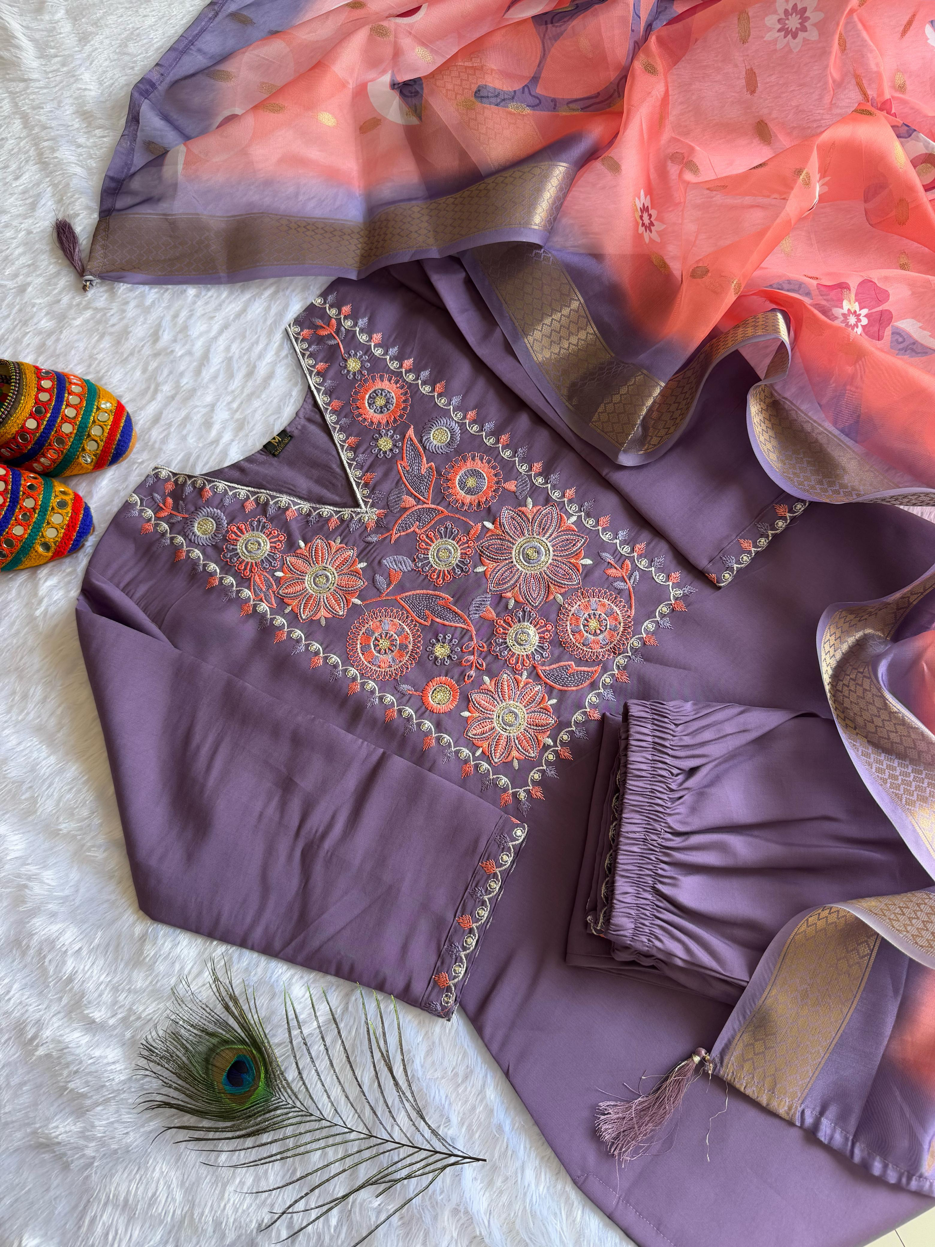 Light Violet Color Heavy Roman Silk Embroidery Kurta Set With Pant & Organza Jacquard Dupatta Digital Print