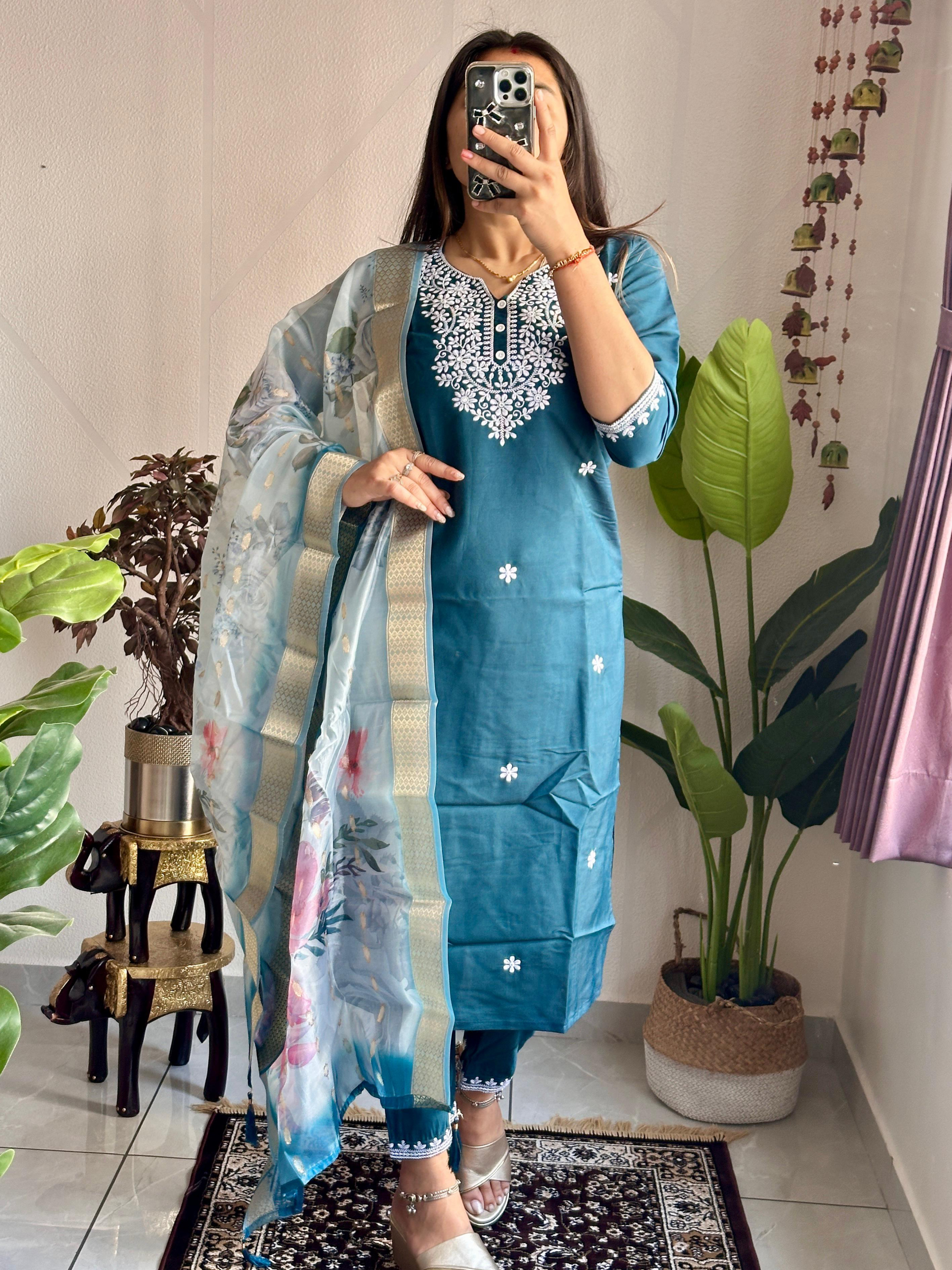 Teal Blue Color Heavy Roman Silk With Beautiful Embroidery Kurta Set With Pant & Organaza Jacquard Dupatta Digital Print