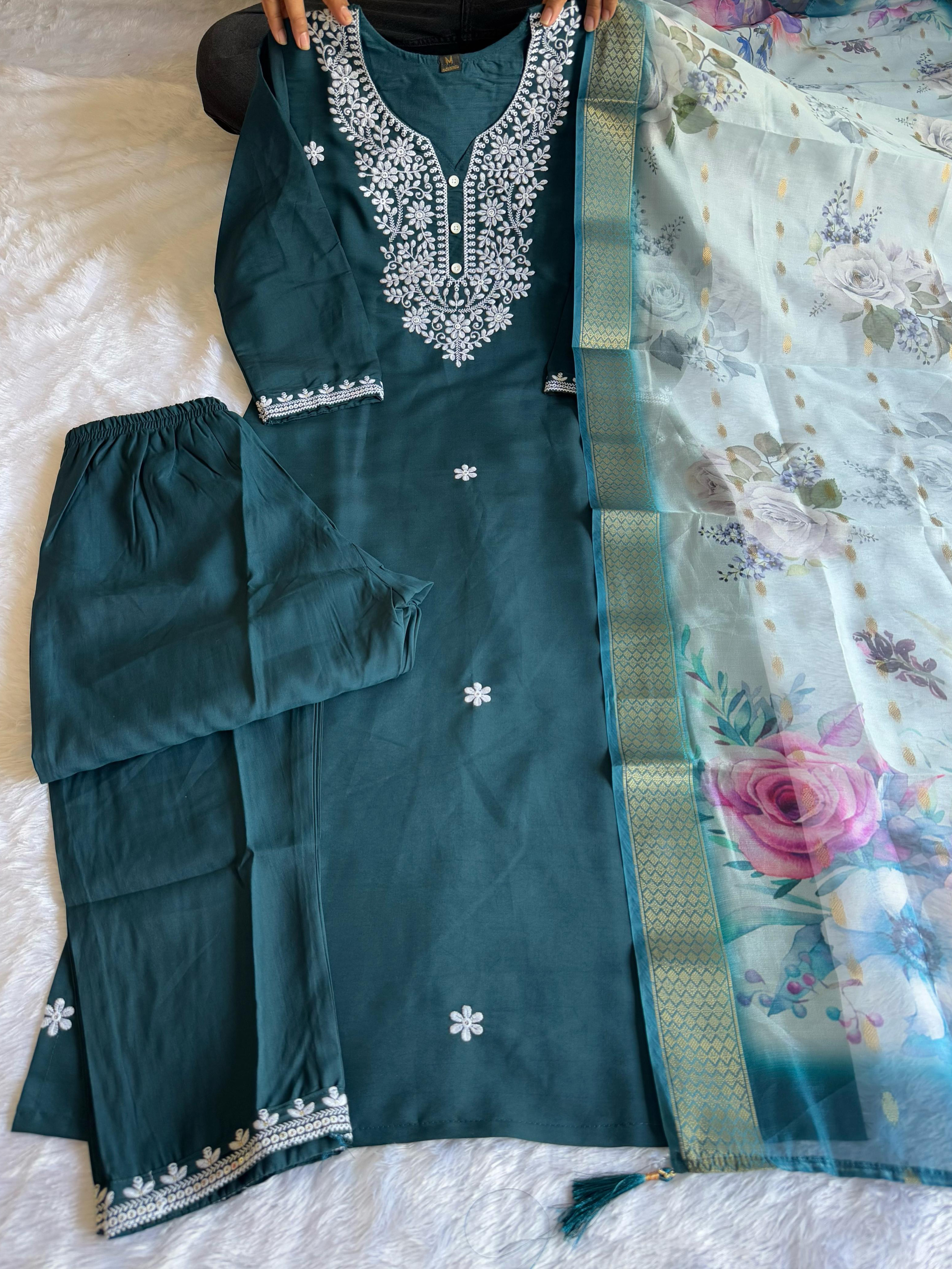 Teal Blue Color Heavy Roman Silk With Beautiful Embroidery Kurta Set With Pant & Organaza Jacquard Dupatta Digital Print