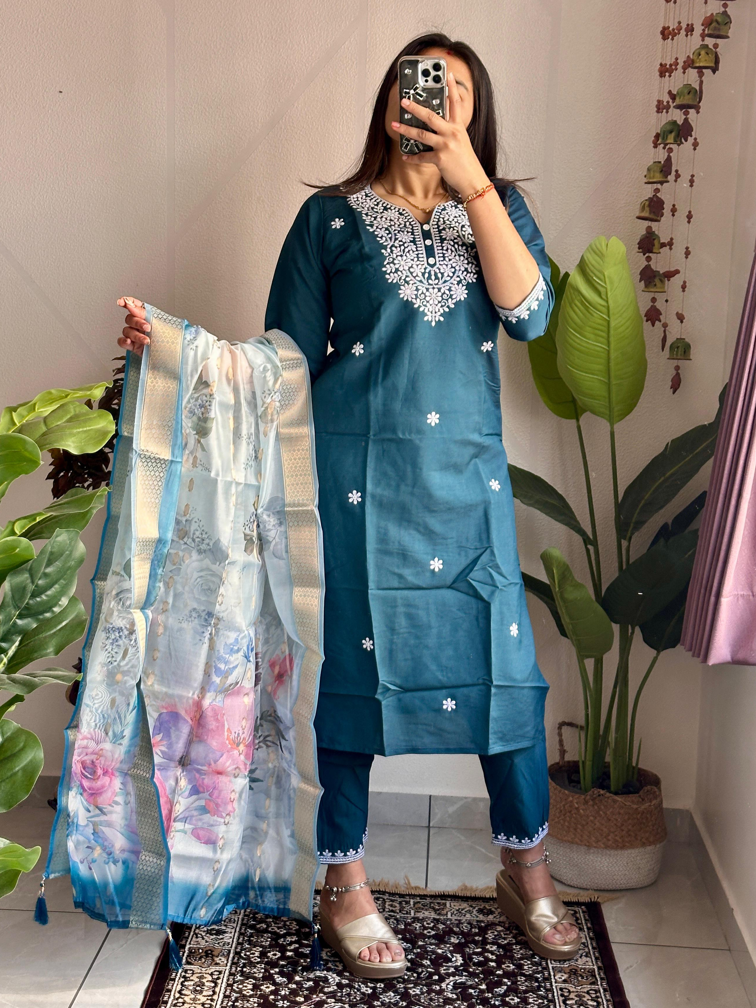 Teal Blue Color Heavy Roman Silk With Beautiful Embroidery Kurta Set With Pant & Organaza Jacquard Dupatta Digital Print
