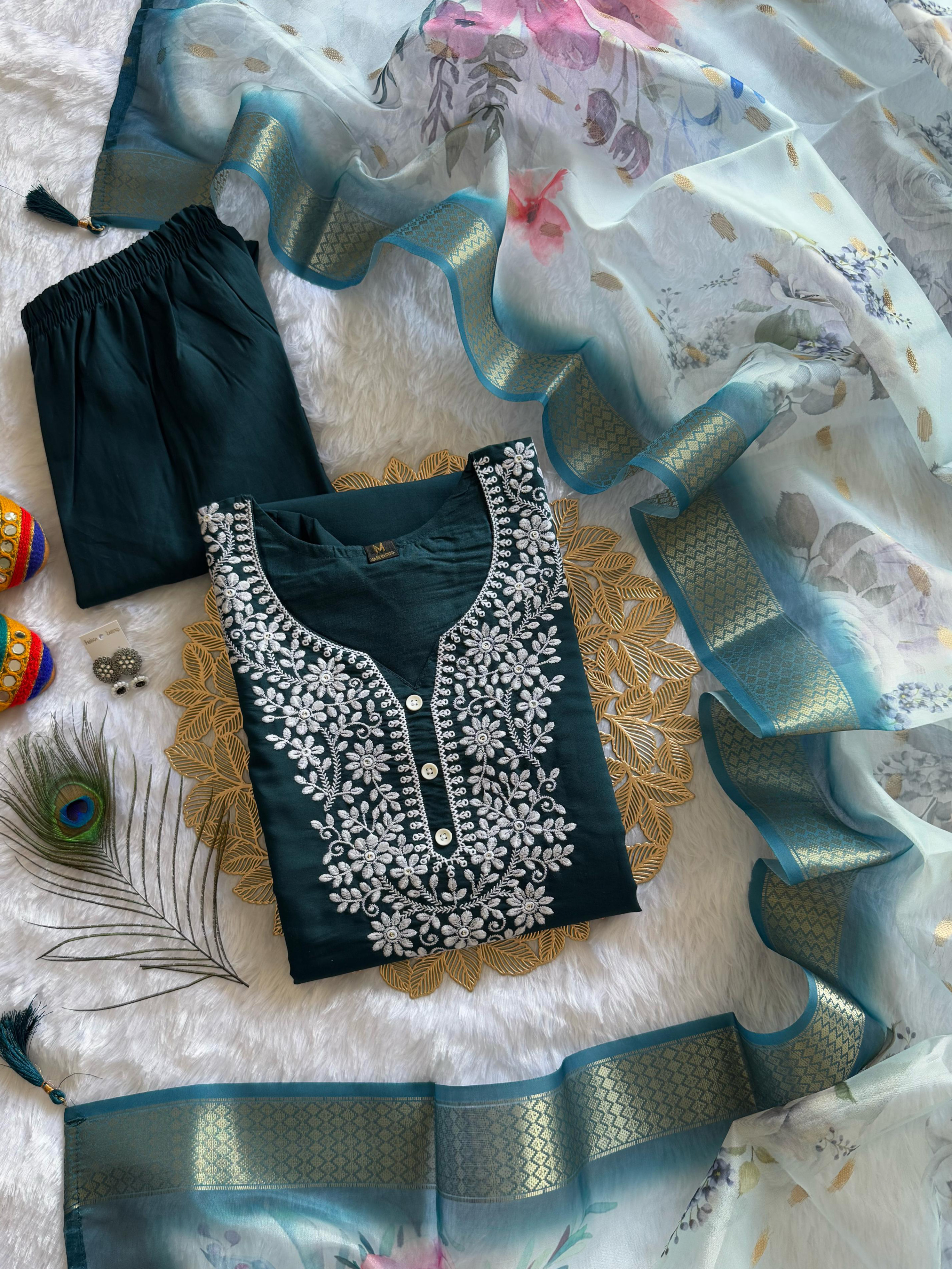 Teal Blue Color Heavy Roman Silk With Beautiful Embroidery Kurta Set With Pant & Organaza Jacquard Dupatta Digital Print