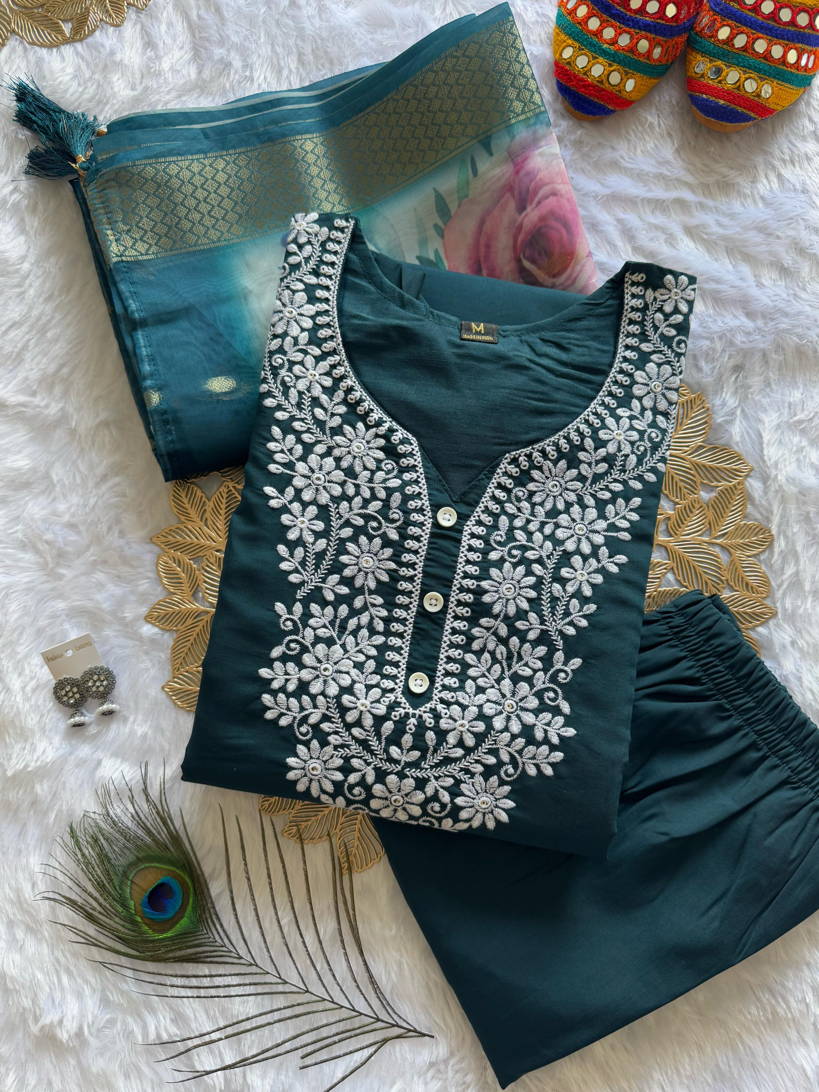 Teal Blue Color Heavy Roman Silk With Beautiful Embroidery Kurta Set With Pant & Organaza Jacquard Dupatta Digital Print