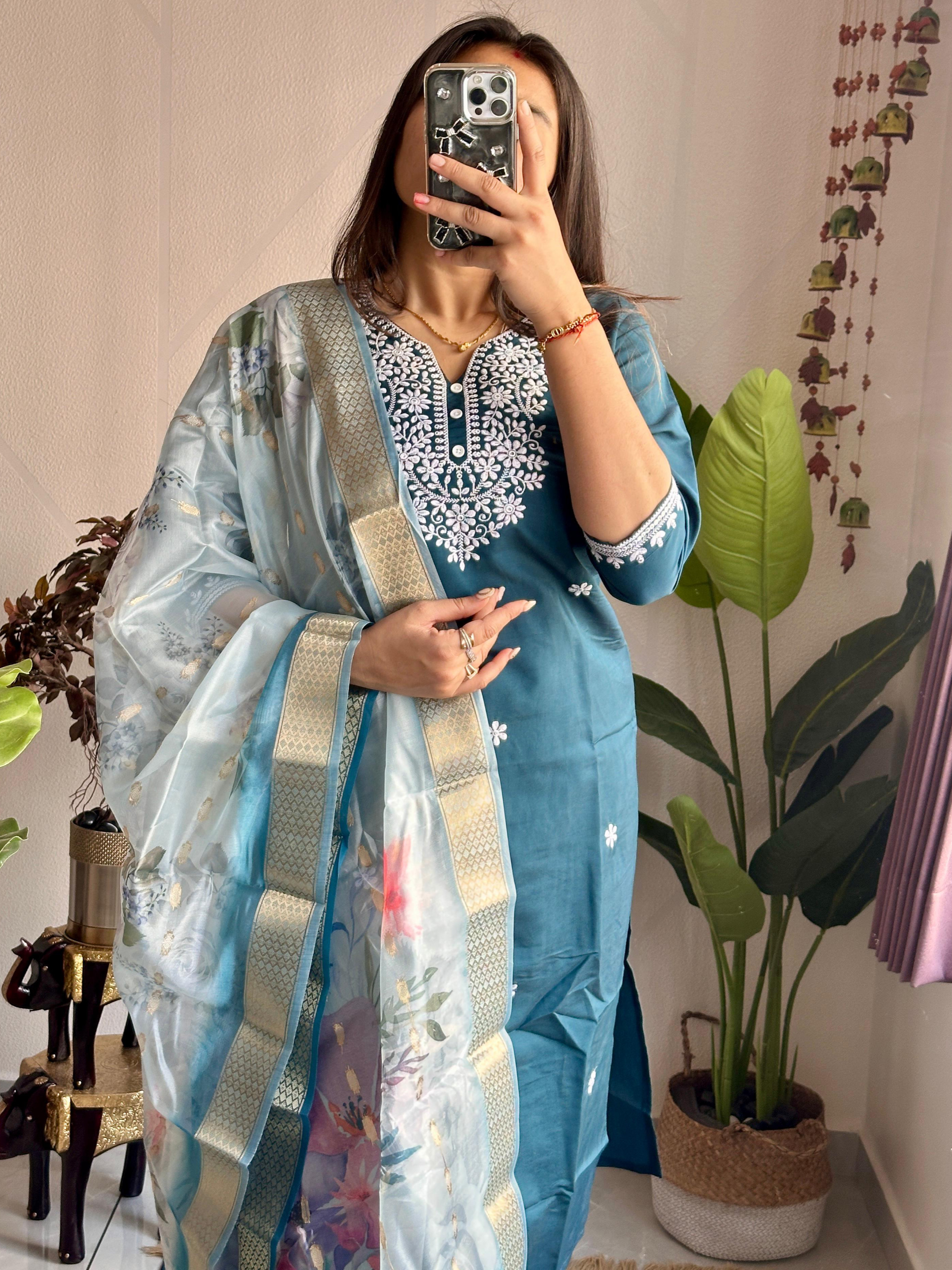 Teal Blue Color Heavy Roman Silk With Beautiful Embroidery Kurta Set With Pant & Organaza Jacquard Dupatta Digital Print