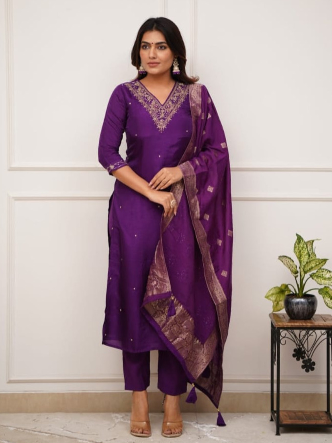 Purple Color Heavy Viscose Chanderi Kurta Set With Pant & Dupatta Jacquard