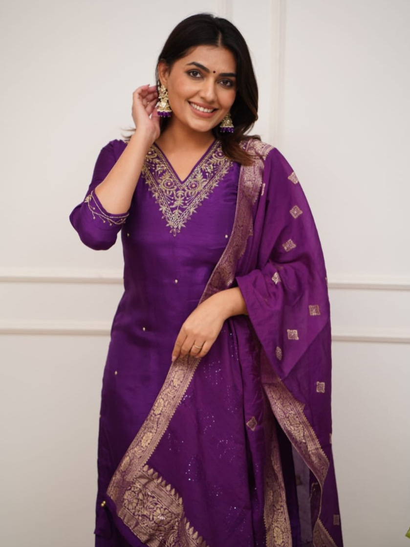 Purple Color Heavy Viscose Chanderi Kurta Set With Pant & Dupatta Jacquard