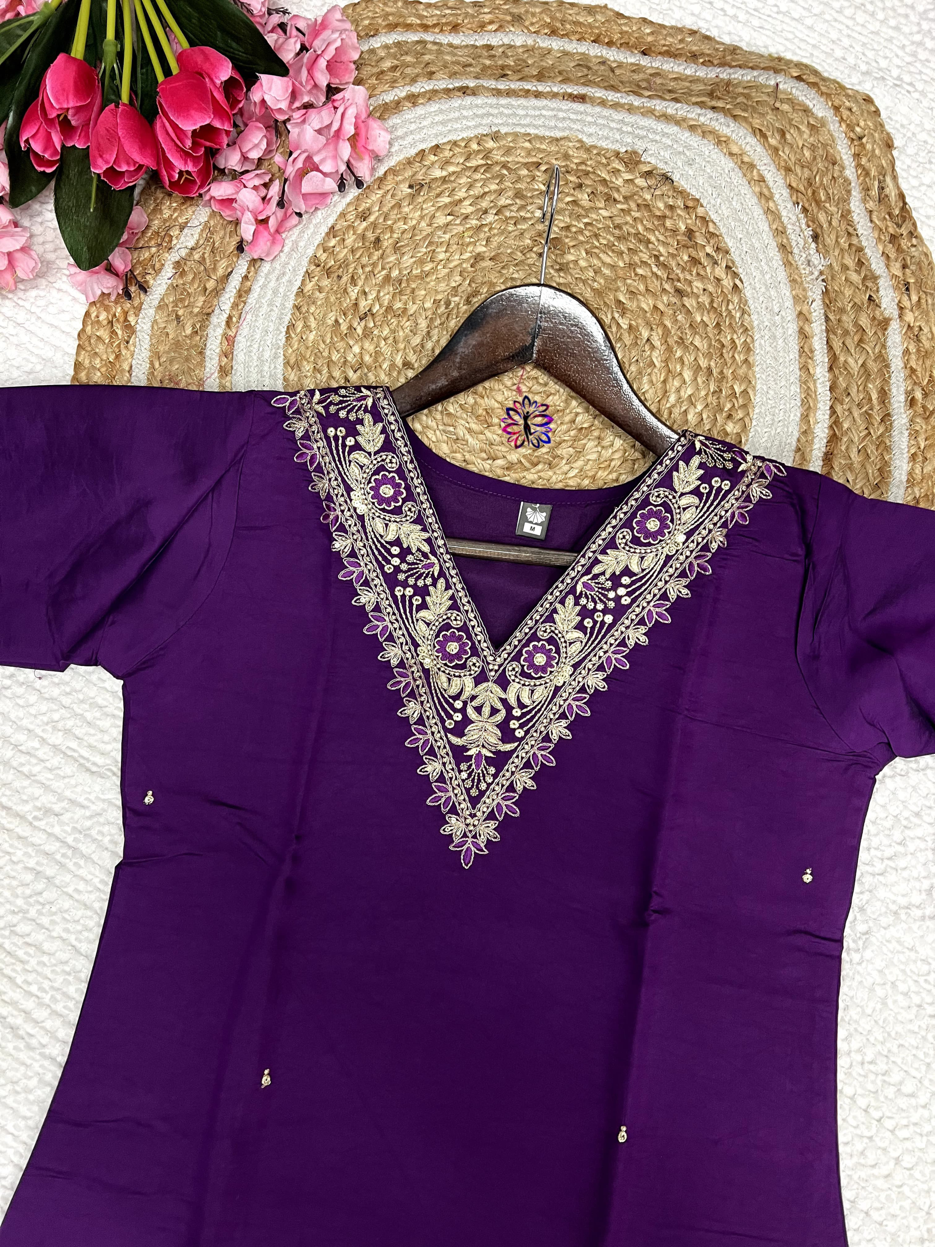 Purple Color Heavy Viscose Chanderi Kurta Set With Pant & Dupatta Jacquard
