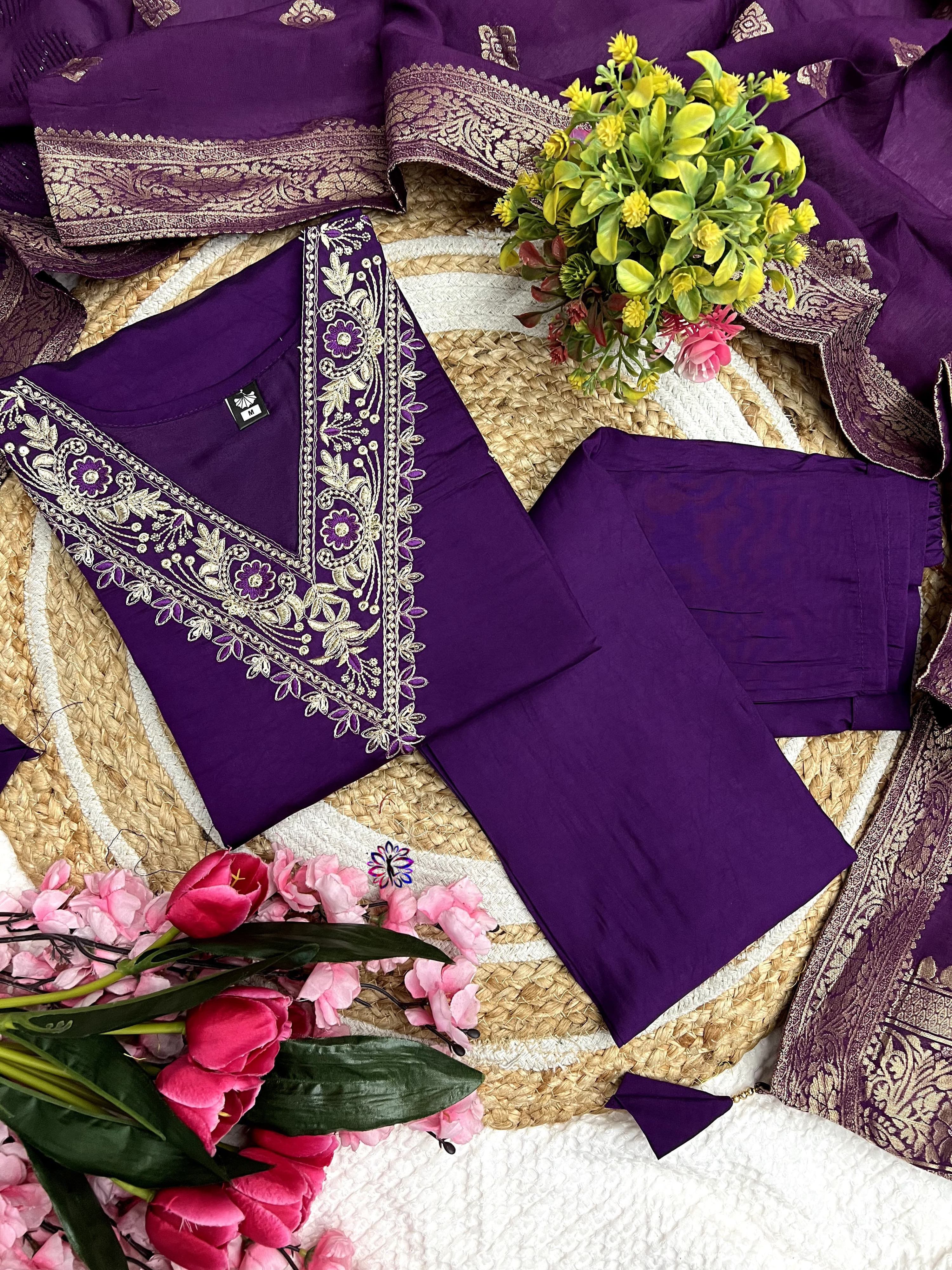 Purple Color Heavy Viscose Chanderi Kurta Set With Pant & Dupatta Jacquard