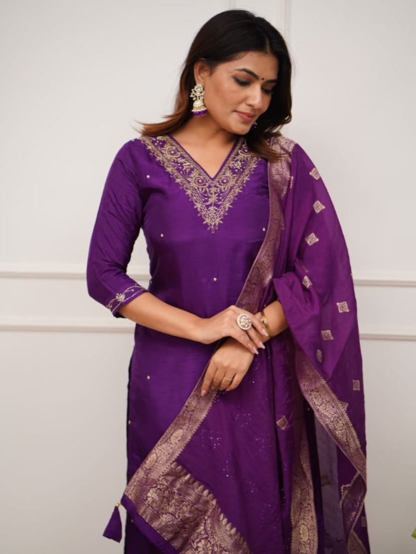 Purple Color Heavy Viscose Chanderi Kurta Set With Pant & Dupatta Jacquard